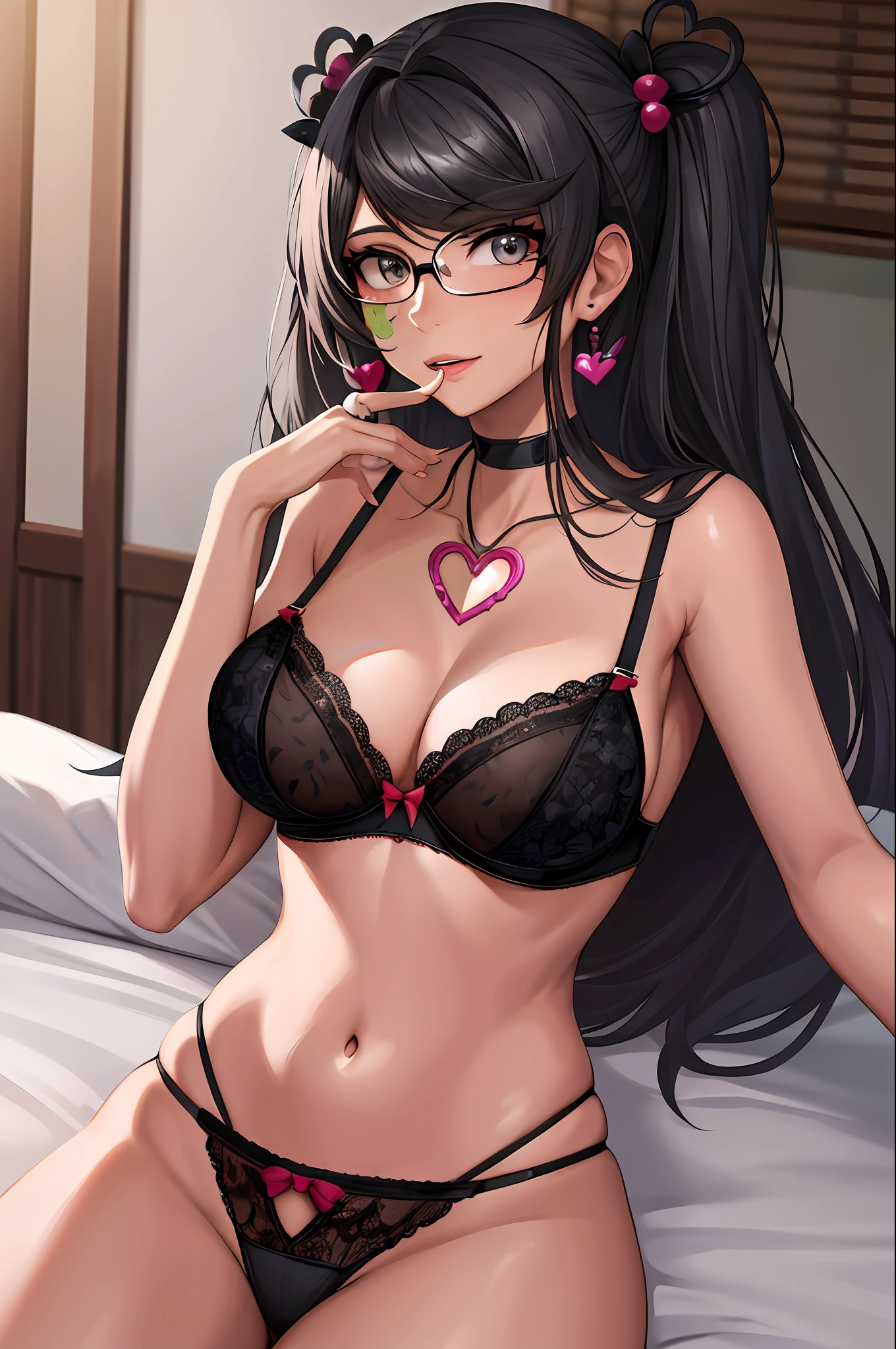 Mia Khalifa. masterpiece, best quality, highres, heart hair ornament, 1girl, solo, jewelry, four-leaf clover_facial_tattoo, lingerie, black bra, thong, indoors,