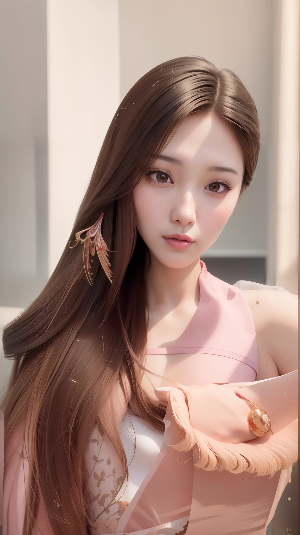This is an Asian woman with long brown hair and a pink dress, 4K realistic anime 3D style, realistic and delicate portraits, kawaii realistic characters, using 4K forced Allah technology can be called a work of art. A blend of classical and modern, with the ultimate art style of Guvez style.