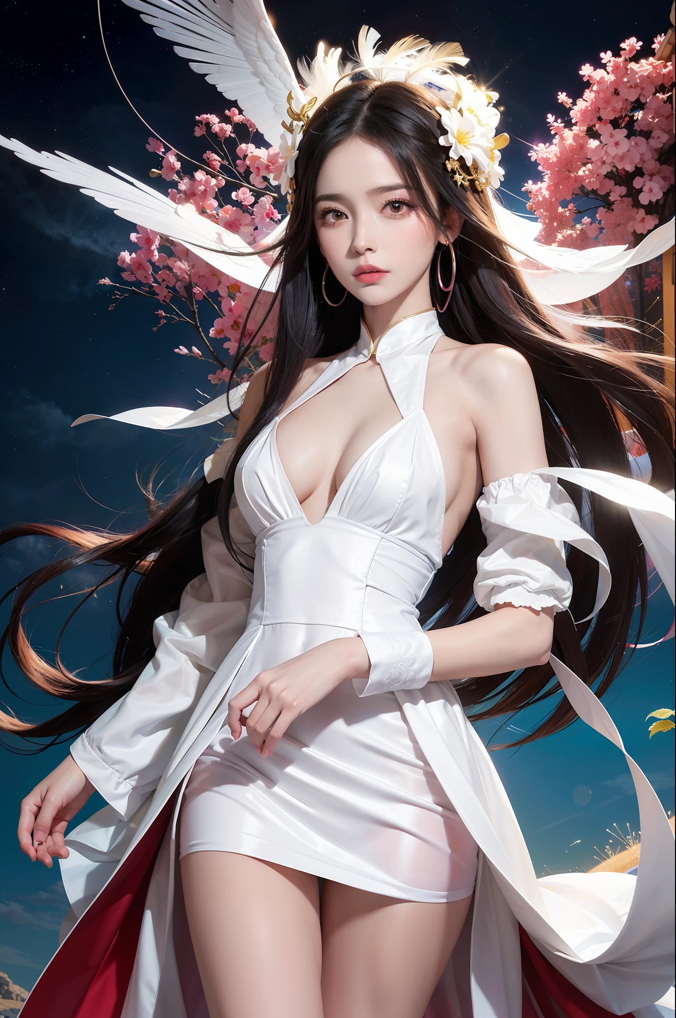 (Masterpiece, Top Quality, Best Quality, Extreme Detail, Supreme Detail, Official Art, Beauty and Aesthetics: 1.2), Colorful, Denim Shot, Upper Body Shot, Beautiful Face, Solo, Perfect Body, On Sky Clouds, Flying in the Sky, Portrait of a Girl, Silver Gradient Hair, (Black Hair| Pink hair: 1.2), fairy, flowing streamers, sun rays, clouds, full body, hanfu, Chinese clothes, white dress, water, fireflies, night, starry sky, jewelry, feathers on dresses, peacock feathers, light particles, volumetric lighting, ray tracing (flowing streamers: 1.1), (fantasy novels: 1.2), illuminators, stars, fantasy, high contrast, ink strokes, overexposure, purple and red tone impressions, abstract, (watercolor paintings by John Berkey and Jeremiman)) brush strokes,