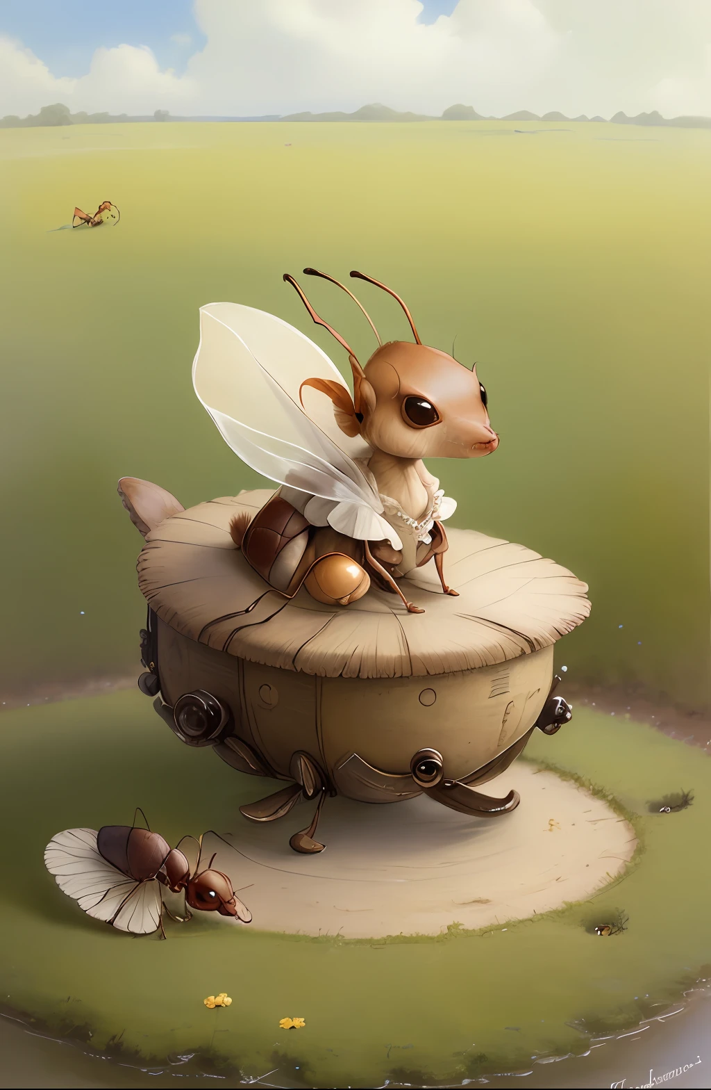 Painting by Jean-Baptiste Monge depicting a small ant dressed in a dress on a summer day, Jean-Baptiste Monge, anthropomorphic --ar 2:3 --testp -optimistic;