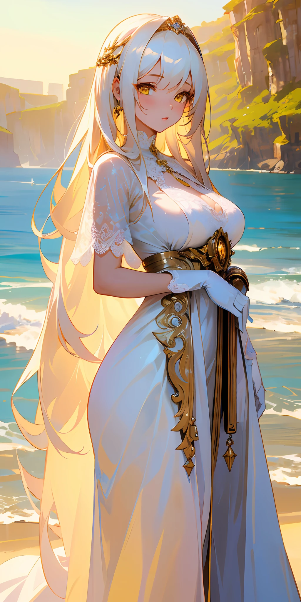 A woman in a white dress standing on a beach next to the ocean - SeaArt AI