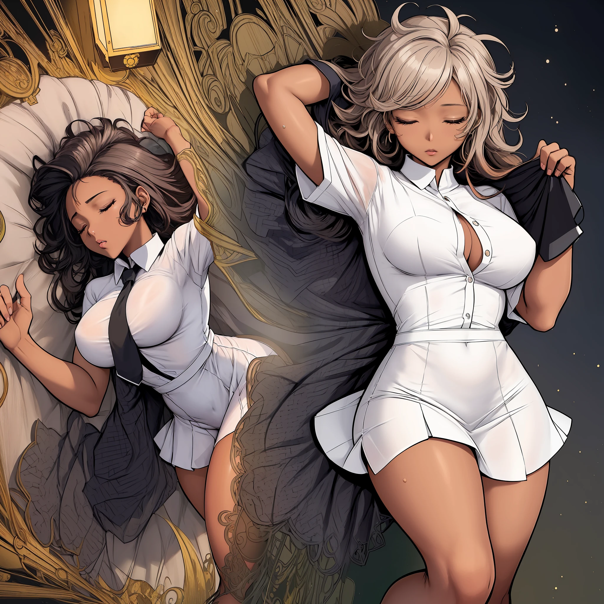 a afroHero (masterpiece, best quality), Female, woman character, (((waking up, with a sleepy face,))), (comic style artwork with perfect anatomy), perfect body, transparent wet ultrathin white dress shirt unbuttoned, black knee high tights, black short miniskirt, highly detailed--no outline