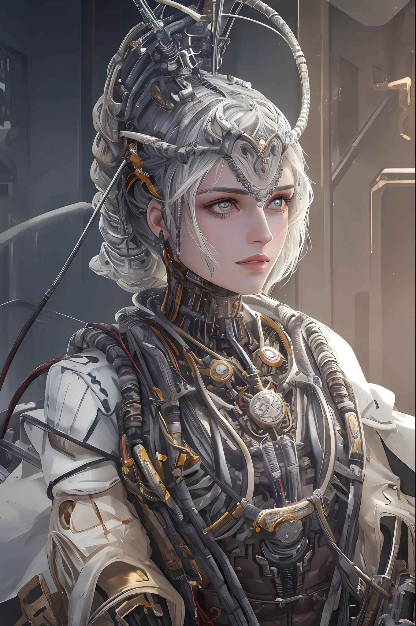 1mechanical girl,((ultra realistic details)), portrait, global illumination, shadows, octane render, 8k, ultra sharp,metal,intricate, ornaments detailed, cold colors, egypician detail, highly intricate details, realistic light, trending on cgsociety, glowing eyes, facing camera, neon details, machanical limbs,blood vessels connected to tubes,mechanical vertebra attaching to back,mechanical cervial attaching to neck,sitting,wires and cables connecting to head