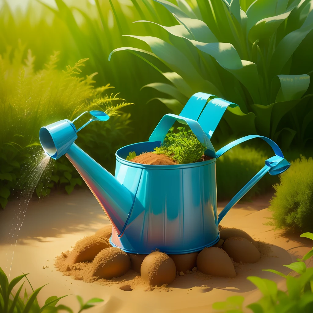 whimsical watering can designed into an anthill