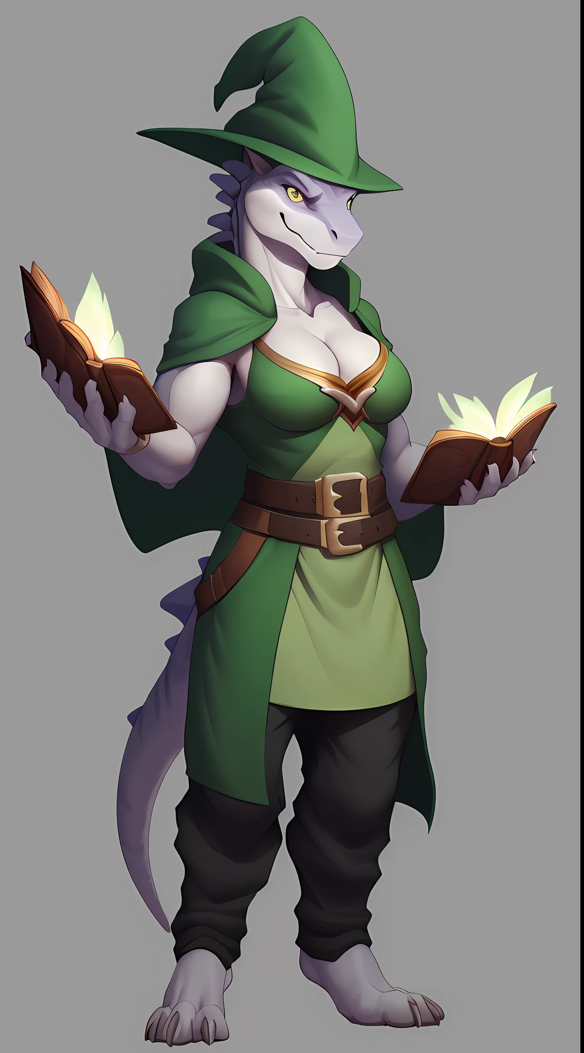 (Lizard), green, reptile, antro, (wearing tunic), wearing cloak, (wearing cotton pants), (wearing wizard hat), high detail, high resolution, raw photo, gray background, cleavage, 1girl, solo, medium breasts, high quality, hi res, sharp, detailed body, detailed, cartoony, ((holding magic book)), ((looking at viewer)), (angry), mad, t full body, whole body, ((full body portrait)), far away, (((full body concept))), attack pose, battle pose, average body, slim, weak, thin, skinny