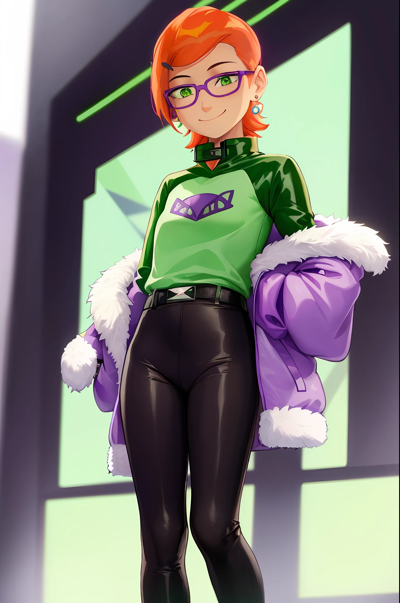 Gwendolyn_tennyson, wearing a purple jacket with a puffy white collar, a green shirt, black leggings with green designs on the calves, purple boots, glasses, smiling,