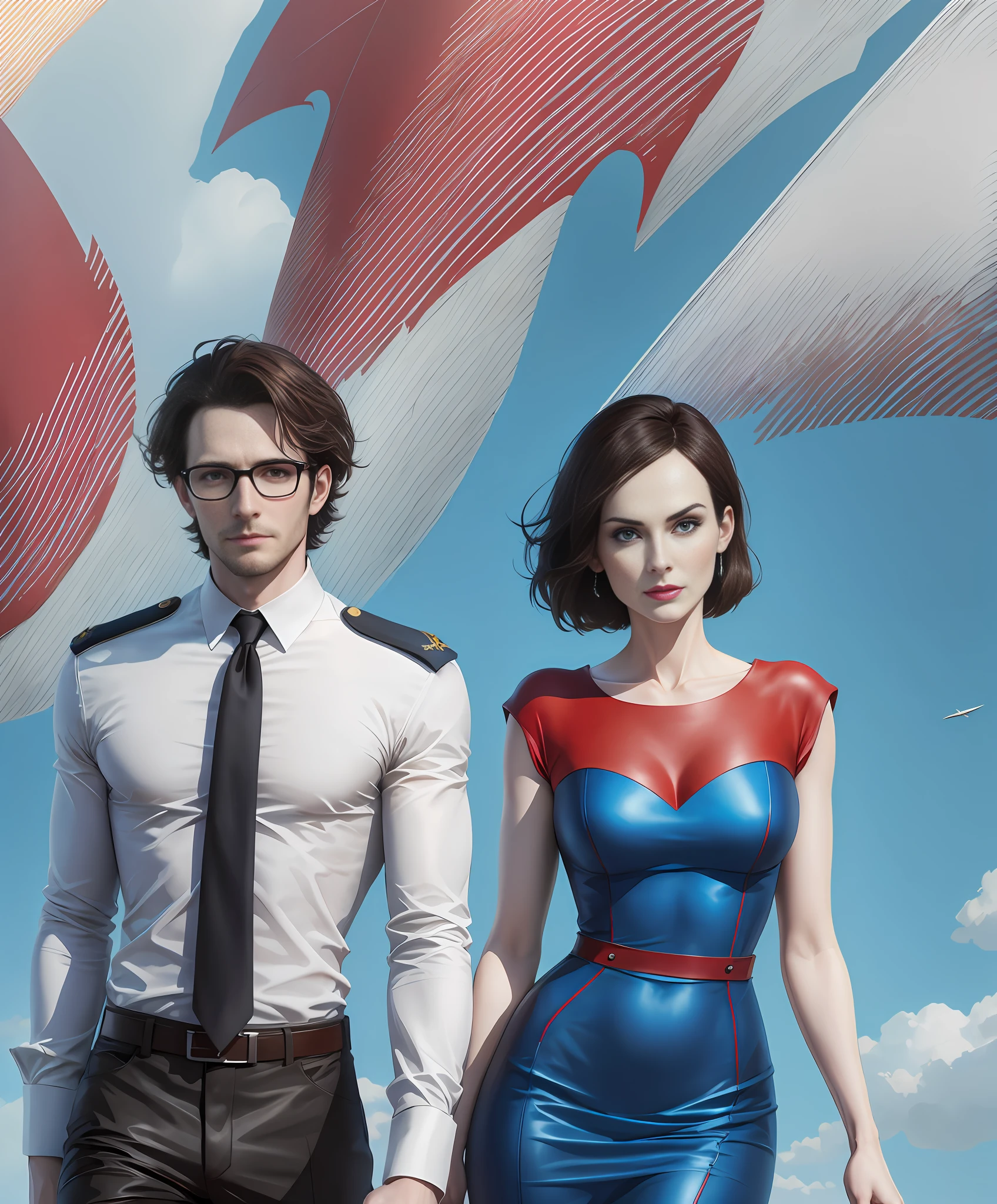 Michelle Dockery in straight red-blue-red dress, Jason Butler Harner as pilot with glasses, background - blue sky with planes, 2D style, digital, cartoon style, best quality