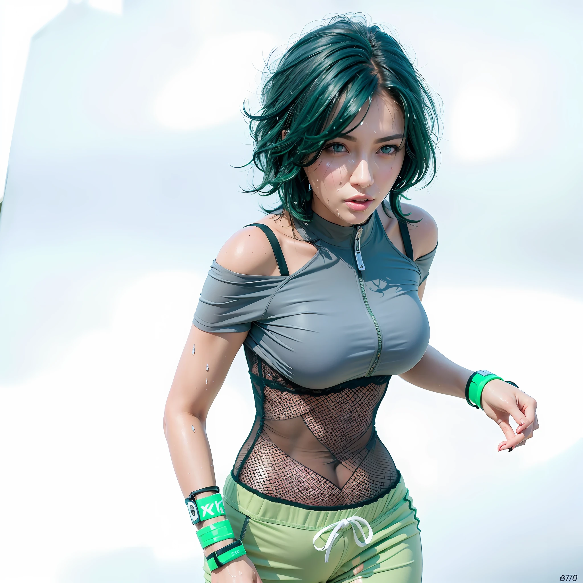 (Best Quality, 8k, Masterpiece :1.5)), 1girl, Sensual woman with accentuating slim abs and giant breasts :1.2, (Outdoor, Rain, Wet thong: 1.1), Charming face, Very detailed skin and face, Ultra detailed lips and eyes, (thick dark eyebrows) , ((light gray top) ), ((wavy blue hair)),(photorealistic eyes)), ((realistic skin)))), (Realistic eyes)))), ( hair is not green))) , good anatomy of the brushes,  old clothes, clothes with texture