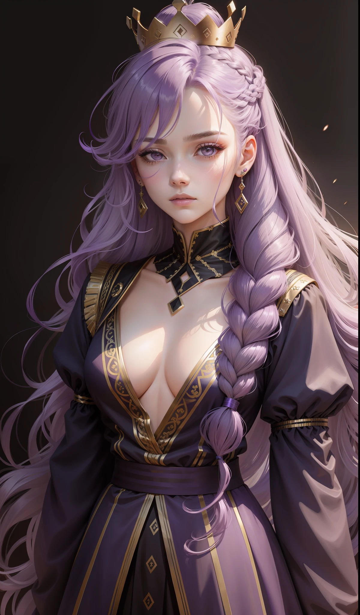 purple hair, asymmetrical hair, curly hair, french braid, very long hair, crown braid, expressive hair, hair strand, crown, empty eyes, eye reflection, earrings, bored, turn pale, textured skin, anatomically correct, high quality, high details, UHD