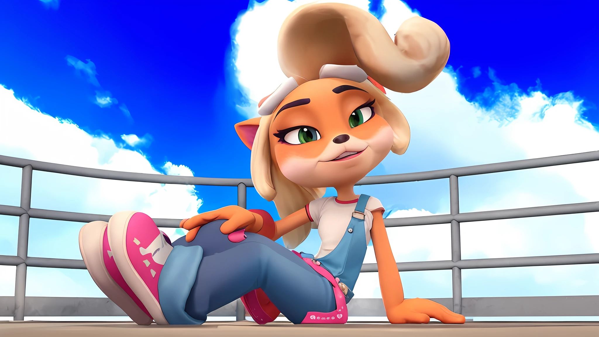 coco bandicoot, (Beautiful portrait:0.875), (sexy:0.945), (curvy figure:0.746), (animal ears:0.845), (animal snout (two colored fur (orange and yellow) with black nose):0.845), (overalls (1 strap, blue denim):0.975), (white shirt (transparent, pink lined clothes):0.865), (pink sneakers (white lined shoes):0.865), (solo:1.000), (half closed eyes:0.875), (pink eye shadow:0.875), (pink lipstick:0.875), (biting lip (white teeth, pink lips:0.875), (hand on knee:0.875), (sitting:0.965)
