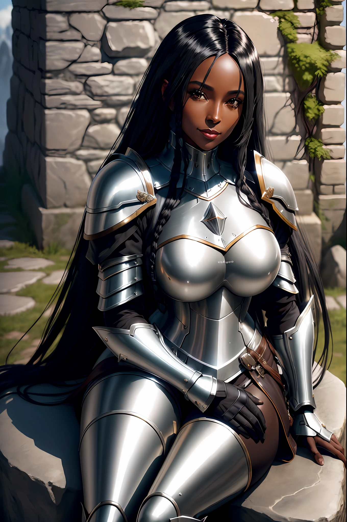 Realistic portrait of beautiful mature African American woman ((dark skin color)) metal stein, metal mug, cute smile, ((sitting on a stone wall)), wearing armor, (((""long straight black hair")))((((shiny))), dreadlocks, ((kanekalon)), dark backlighting, close-up, detailed facial details, perfect face, sharpness, trend art, sharp facial details, ultra high quality, line art, high fantasy, exquisite, 4k, soft lighting 8k, Dreamy --ISO 100, anime, line art
