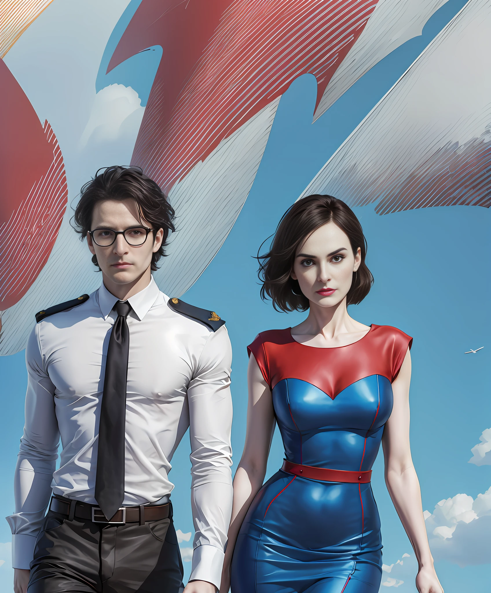 Michelle Dockery in straight red-blue-red dress, Jason Butler Harner as pilot with glasses, background - blue sky with planes, 2D style, digital, cartoon style, best quality