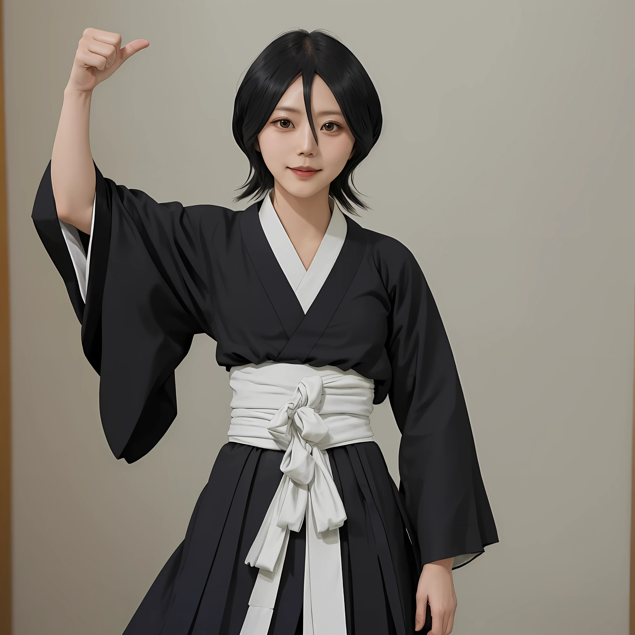 smile, looking at the viewer, waist, hip, 1girl, solo, kuchiki rukia, japanese clothes, hakama pants, black kimono, sash, black hair, hair between eyes pointing finger at camera.