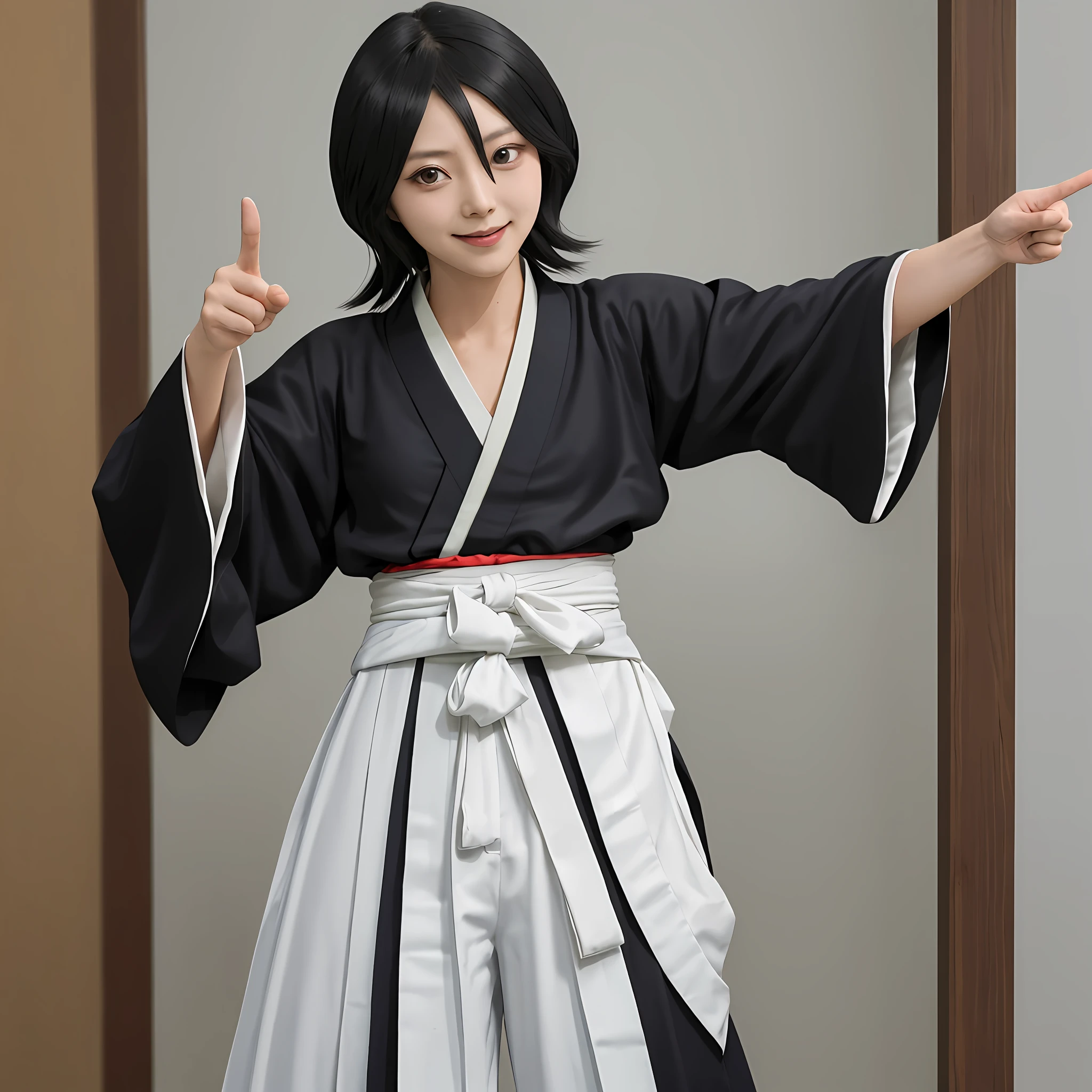 smile, looking at the viewer, waist, hip, 1girl, solo, kuchiki rukia, japanese clothes, hakama pants, black kimono, sash, black hair, hair between eyes pointing finger at camera.