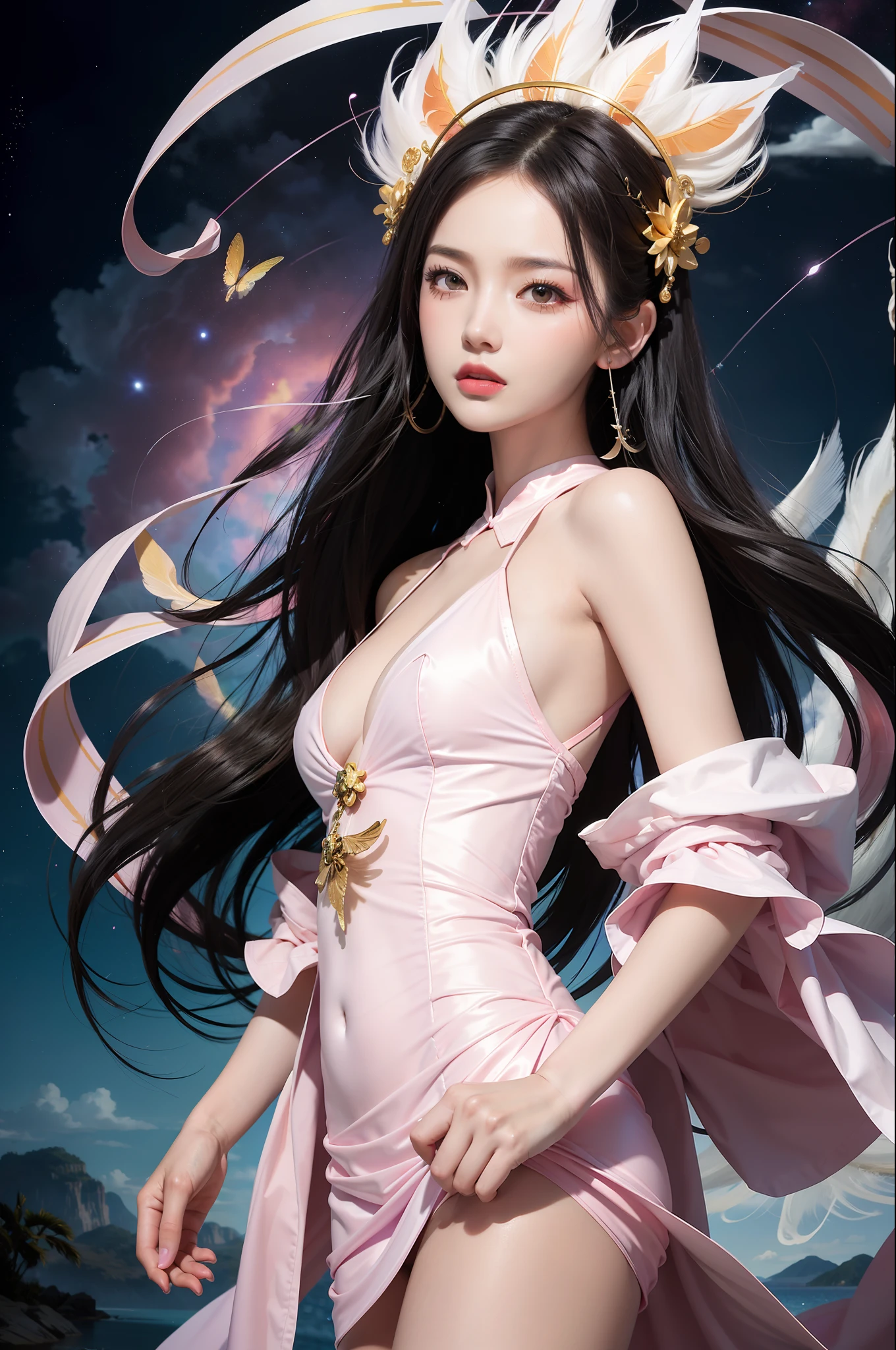 (Masterpiece, Top Quality, Best Quality, Extreme Detail, Supreme Detail, Official Art, Beauty and Aesthetics: 1.2), Colorful, Denim Shot, Upper Body Shot, Beautiful Face, Solo, Perfect Body, On Sky Clouds, Flying in the Sky, Portrait of a Girl, Silver Gradient Hair, (Black Hair| Pink hair: 1.2), fairy, flowing streamers, sexy, sun rays, clouds, full body, hanfu, Chinese clothes, white dress, water, fireflies, night, starry sky, jewelry, feathers on dresses, peacock feathers, light particles, volumetric lighting, ray tracing (flowing streamers: 1.1), (fantasy novels: 1.2), illuminators, stars, fantasy, high contrast, ink strokes, overexposure, purple and red tone impressions, abstract, (watercolor paintings by John Burkey and Jeremiman)) brush strokes,