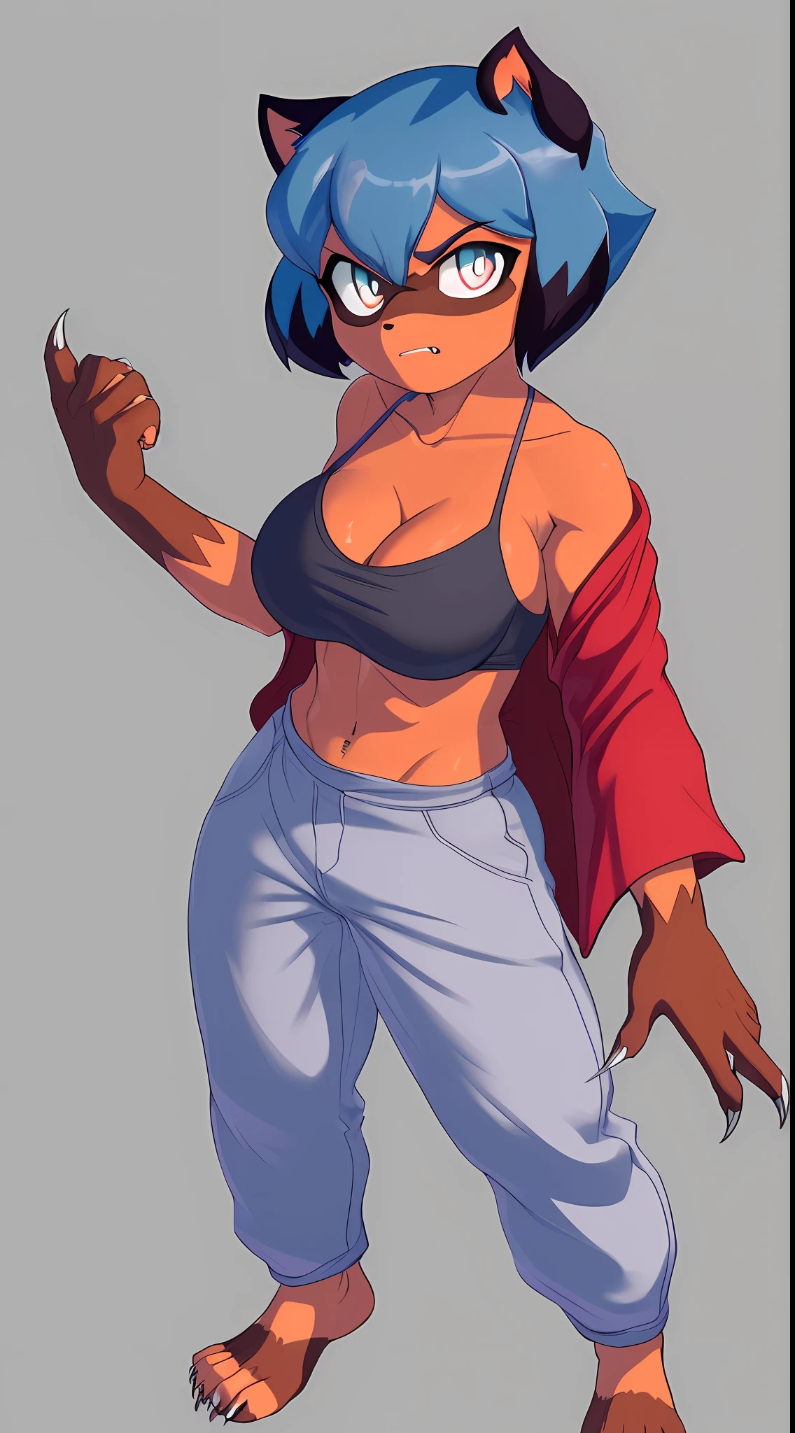 michiru kagemori, antro, (with small robe), (with cotton pants), (under the), high detail, , high resolution, raw photo, gray background, cleavage, 1girl, solo, large breasts, high quality, high resolution, sharp body, detailed, detailed, cartoonish, ((claws out)), ((looking at the viewer)), (angry), crazy, t full body, ((full body portrait)), far, (((full body concept))), weapon pose, claw pose, attack pose, battle pose, average body, thin, weak, thin, thin