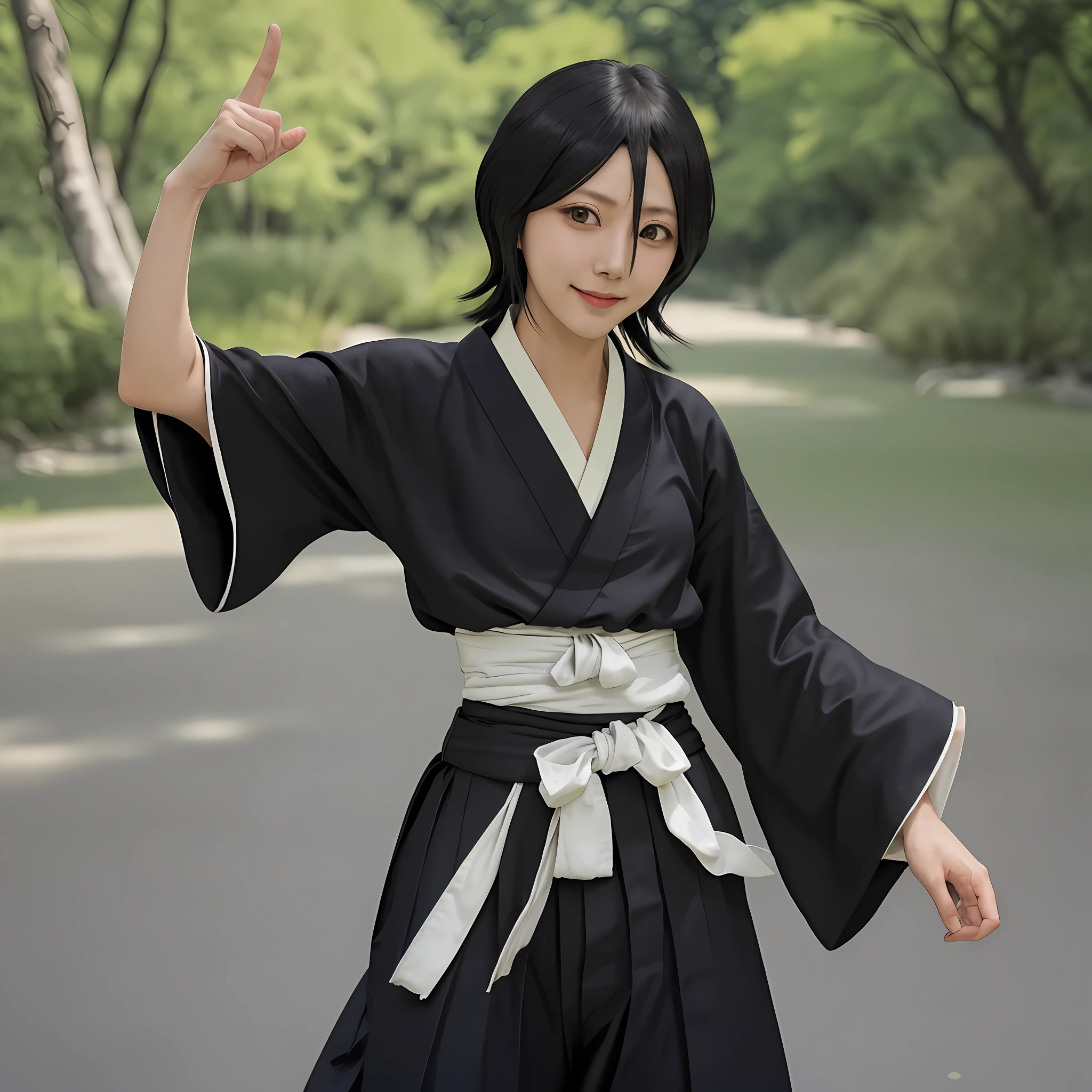 smile, looking at the viewer, waist, hip, 1girl, solo, kuchiki rukia, japanese clothes, hakama pants, black kimono, sash, black hair, hair between eyes pointing finger at camera.