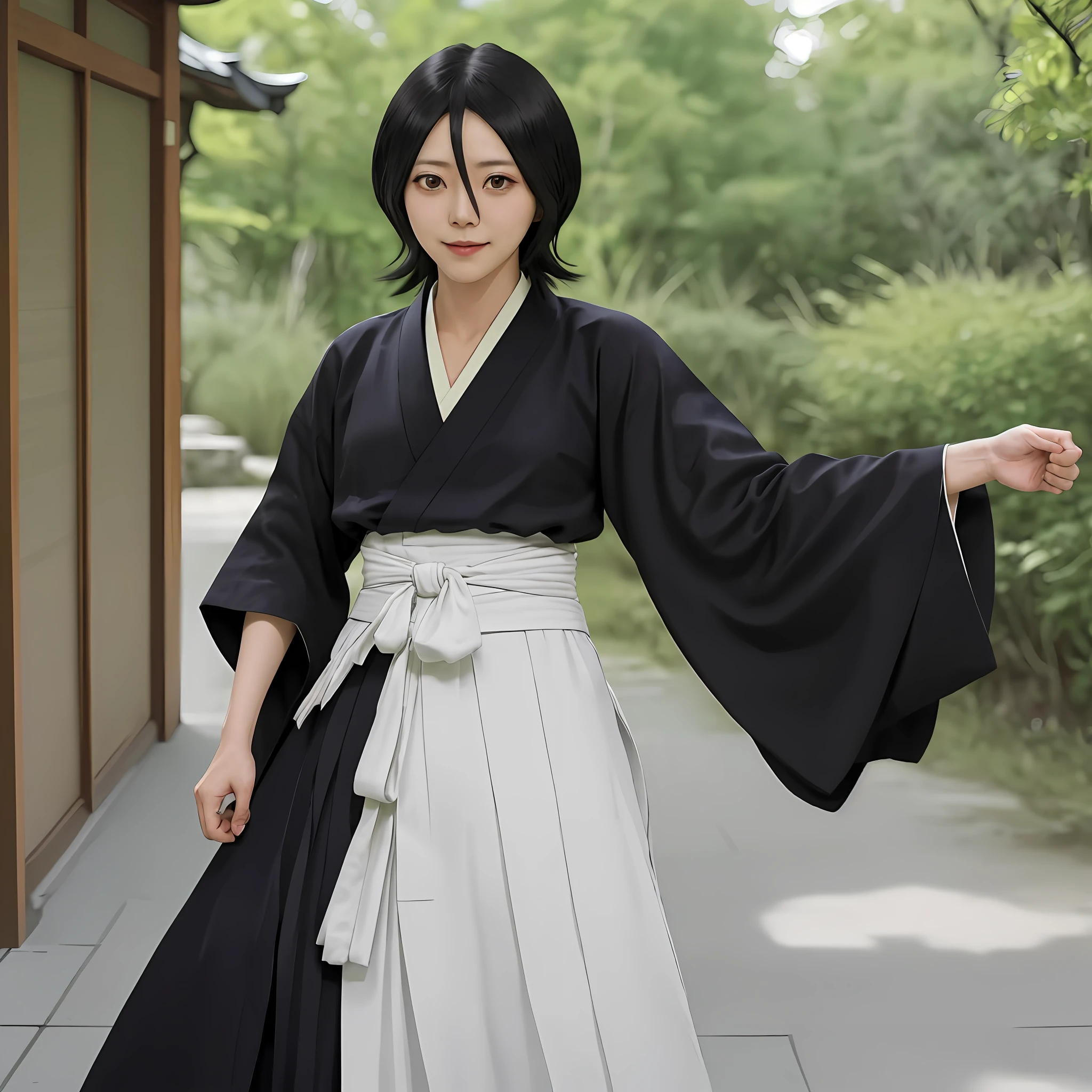 smile, looking at the viewer, waist, hip, 1girl, solo, kuchiki rukia, japanese clothes, hakama pants, black kimono, sash, black hair, hair between eyes pointing finger at camera.
