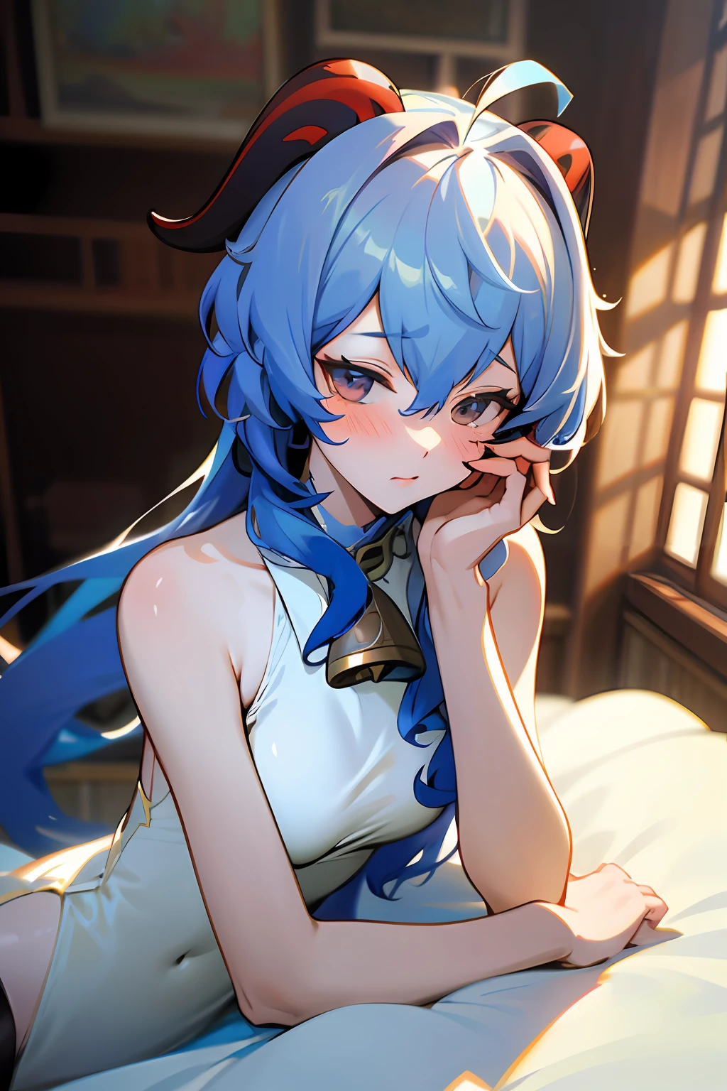 (ganyu:1.5),(extremely_beautiful_and_delicate:1.3),(ultra_detailed:1.3),(pastel:1.6),(high_resolution:1.6),(absurdres:1.3),(official_art:1.3),(illustration:1.6),(masterpiece:1.2),(best_quality:1.3),(dynamic_angle_and_pose:1.0),(blue_hair:1.5),(messy_hair:1.3),(short_hair_with_long_locks:1.3),(demon_horns:1.2),(ahoge:1.1),BREAK (genshin_impact:1.0),(extremely_beautiful_and_delicate:1.3),(bare_shoulders:1.0),(negligee:1.4),(sleeveless:1.2),(medium_breasts:1.3),(cute_girl:1.3),(bare_legs:1.0),(solo:1.2),(indoor:1.2),BREAK (extremely_beautiful_and_delicate:1.1),(ultra_detailed:1.3),(delicate:1.3),(realistic:1.0),(beautiful_face:1.3),(beautiful_hair:1.3),(close_up:1.0),sharp,(looking_at_viewer:1.1),(embarassed:1.2),,