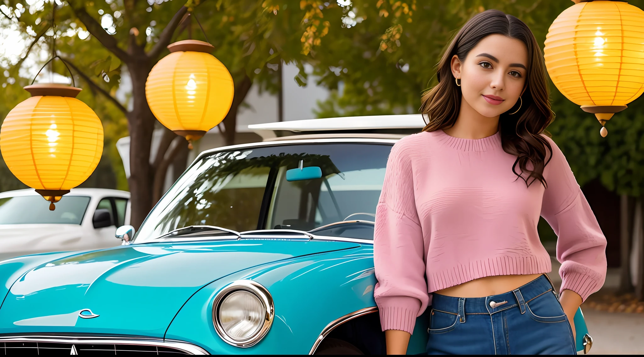 chic car, cropped sweater, midriff, sweater, 1girl, detailed face, hanging lanterns, illustrated