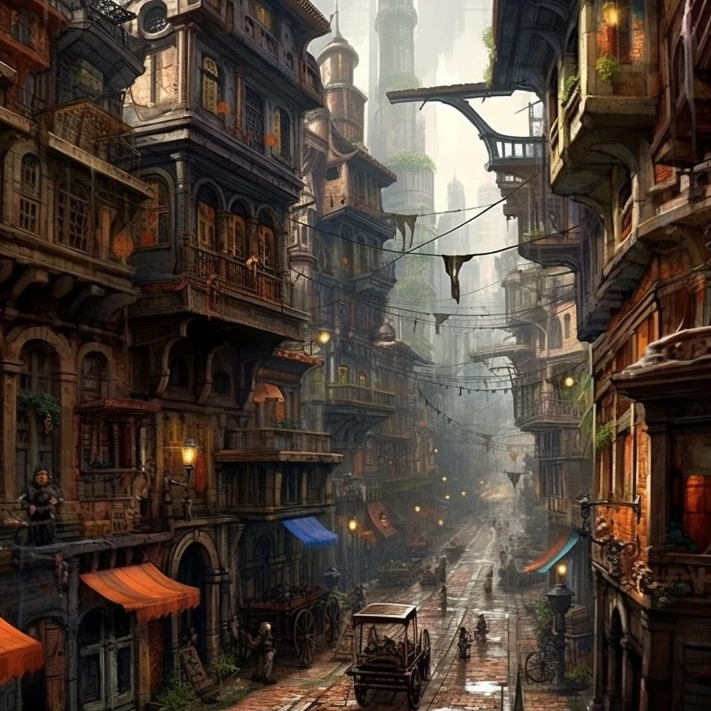 ((masterpiece)),((best quality)),((high detial)),((realistic,)) Industrial age city, deep canyons in the middle, architectural streets, bazaars, Bridges, rainy days, steampunk, European architecture