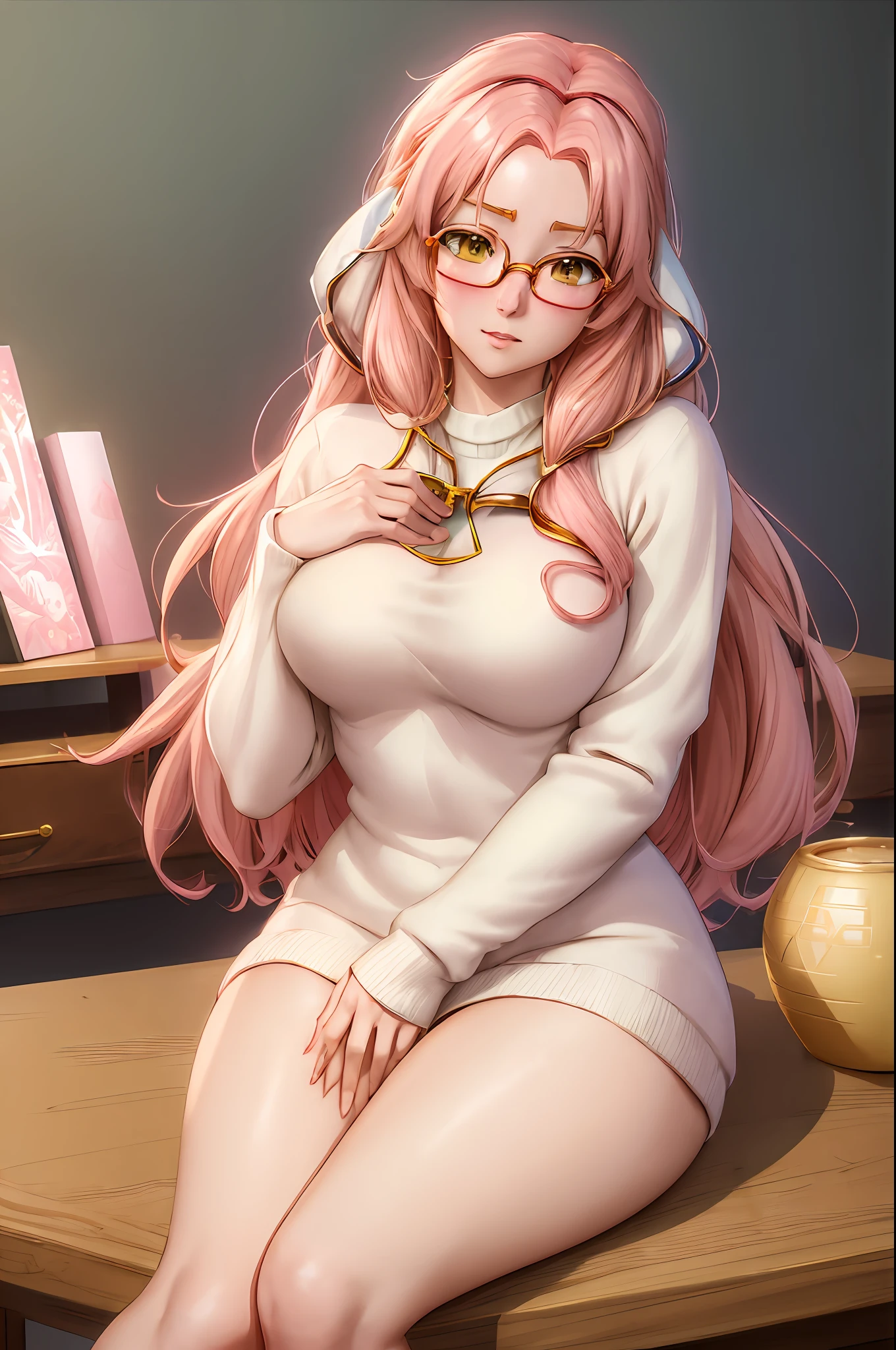 (2d cute anime:1.3). Fantasy. Irene Bae JooHyun, sitting, detailed white sweater. half body portrait, Vixip, design by Yusuke Kozaki, oil by Gregory Manchess. stunningly beautiful, golden eyeglasses, pink hair, blush, humble, curvy, table, home, hands. Hand drawing illustration. highly detailed. Cinematic lighting