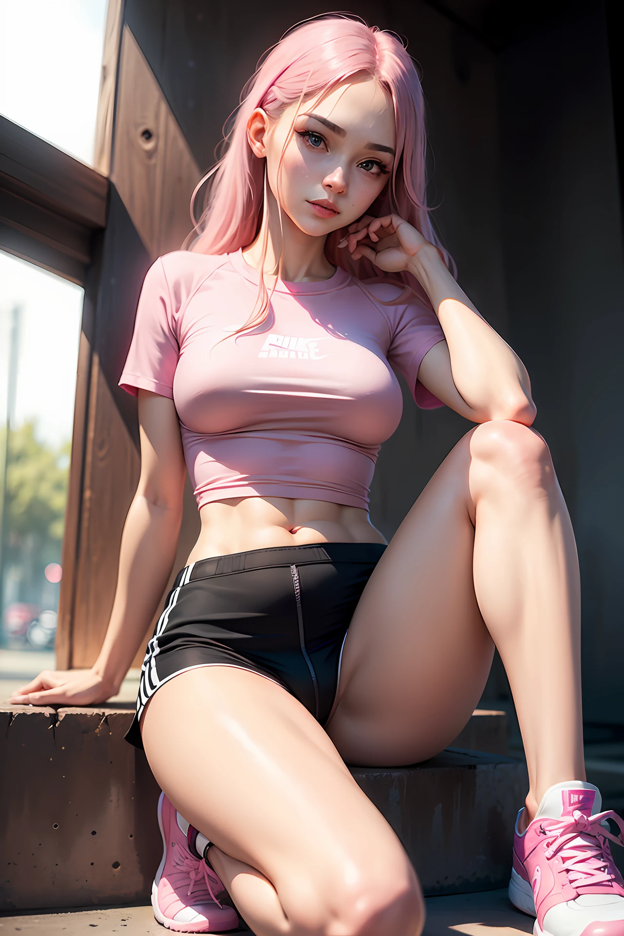 ((realistic face, seductive, adult look)), (pink pink shirt, black underwear, short clothes), (pink long hair, pink Nike sneakers), (22 years), (1 girl), (4k style))