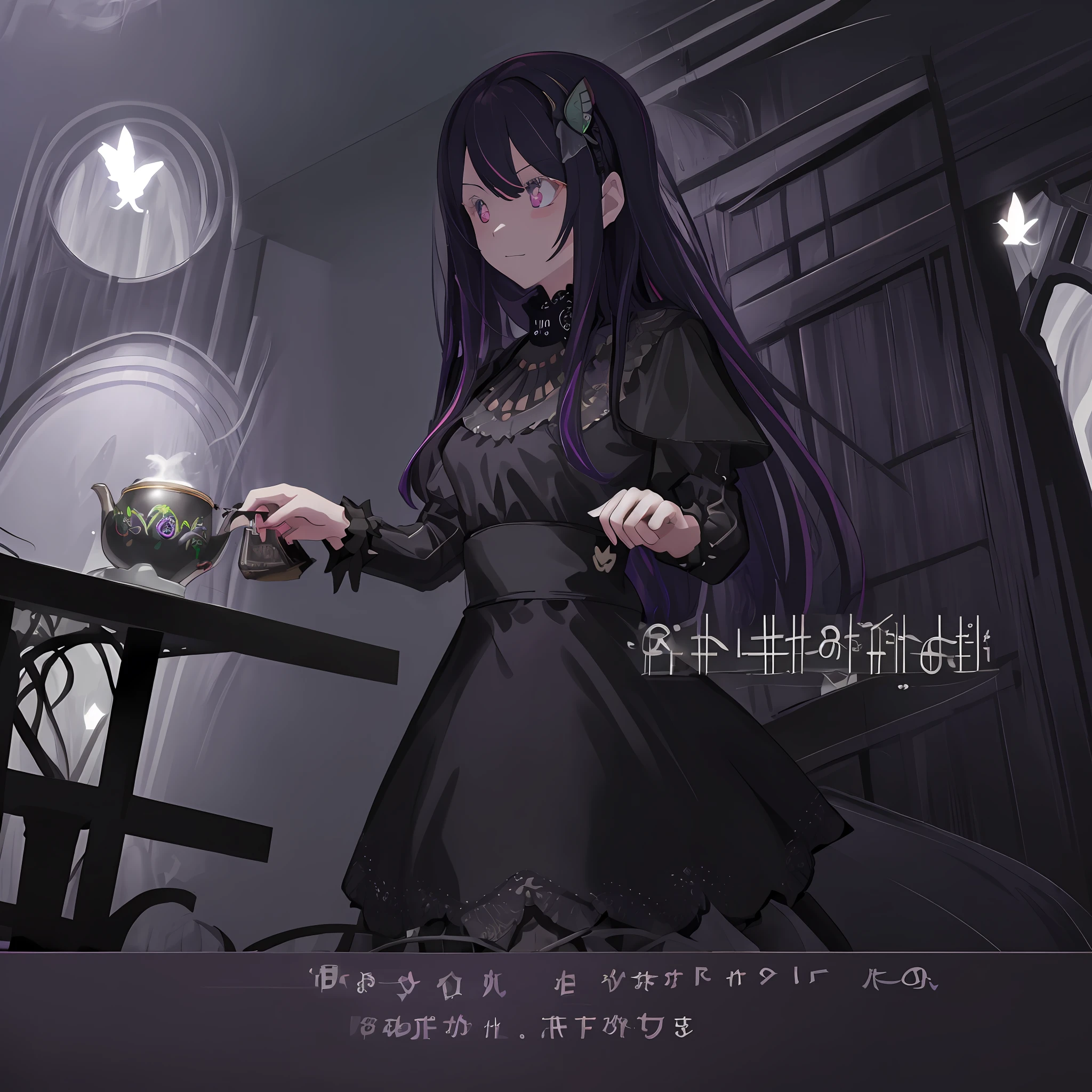 1girl, solo, intense, dark surrounding, tea time , Tea table, black dress, lace, Long sleeve, black dress, glowing eyes, dark purple eyes, purple hair, long hair, butterfly hair clip, book, book in hand 1girl