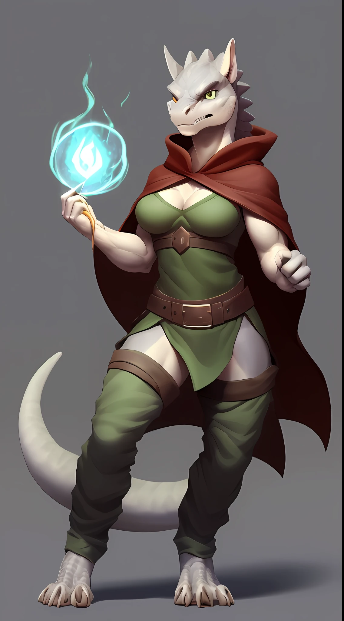 (Lizard), (green), reptile, antro, (wearing tunic), wearing cloak, (wearing cotton pants), high detail, high resolution, raw photo, gray background, cleavage, 1girl, solo, medium breasts, high quality, hi res, sharp, detailed body, detailed, cartoony, ((holding magic)), ((looking at viewer)), (angry), mad, t full body, whole body, ((full body portrait)), far away, (((full body concept))), attack pose, battle pose, average body, slim, weak, thin, skinny, small waist