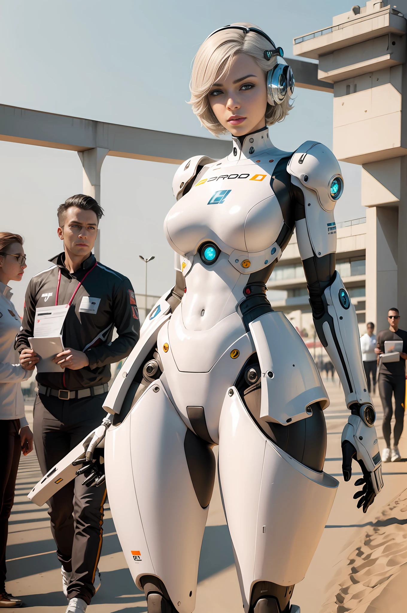 Female robot, instead of the foot of the wheel, preparing for the race to a hundred meters, full-length, Beautiful face, short hair retracted, indian((full body including legs)). The whole body is made of engineering parts, a robot. Parts of robotic limbs are visible. Evening sun, sports stadium, beautiful female android face, tilt head, interrogative gaze, smirk, cyborg, robotic parts, techno, rim light, vibrant details, luxurious cyberpunk, hyperrealistic, anatomical, microchip, elegant, , 8k, best quality, masterpiece, an extremely delicate and beautiful, extremely detailed, (realistic, photo-realistic:1.37), incredibly absurdres, robot, full body, preparing for the race to a hundred meters