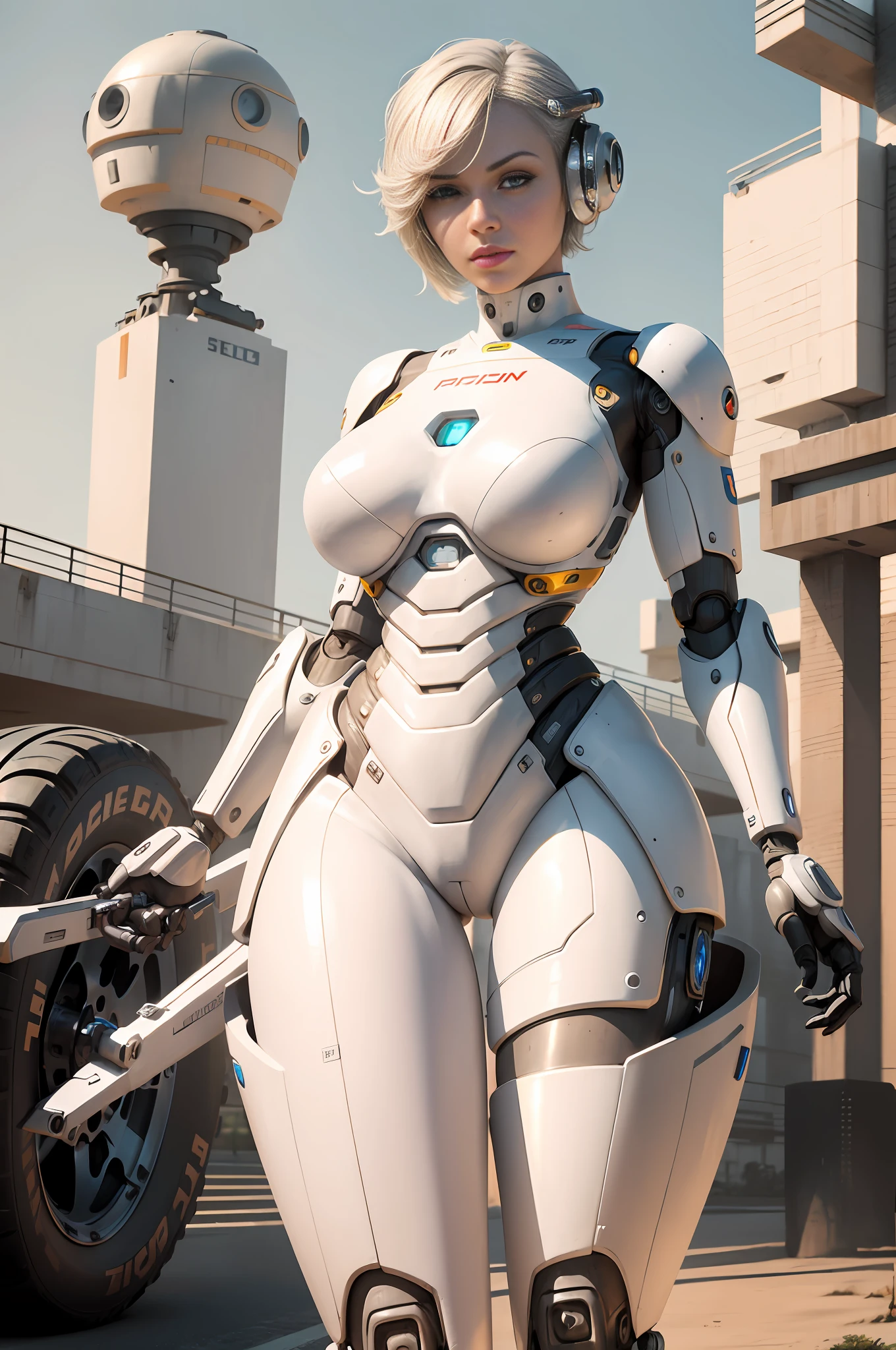 Female robot, instead of the foot of the wheel, preparing for the race to a hundred meters, full-length, Beautiful face, short hair retracted, indian((full body including legs)). The whole body is made of engineering parts, a robot. Parts of robotic limbs are visible. Evening sun, sports stadium, beautiful female android face, tilt head, interrogative gaze, smirk, cyborg, robotic parts, techno, rim light, vibrant details, luxurious cyberpunk, hyperrealistic, anatomical, microchip, elegant, , 8k, best quality, masterpiece, an extremely delicate and beautiful, extremely detailed, (realistic, photo-realistic:1.37), incredibly absurdres, robot, full body, preparing for the race to a hundred meters