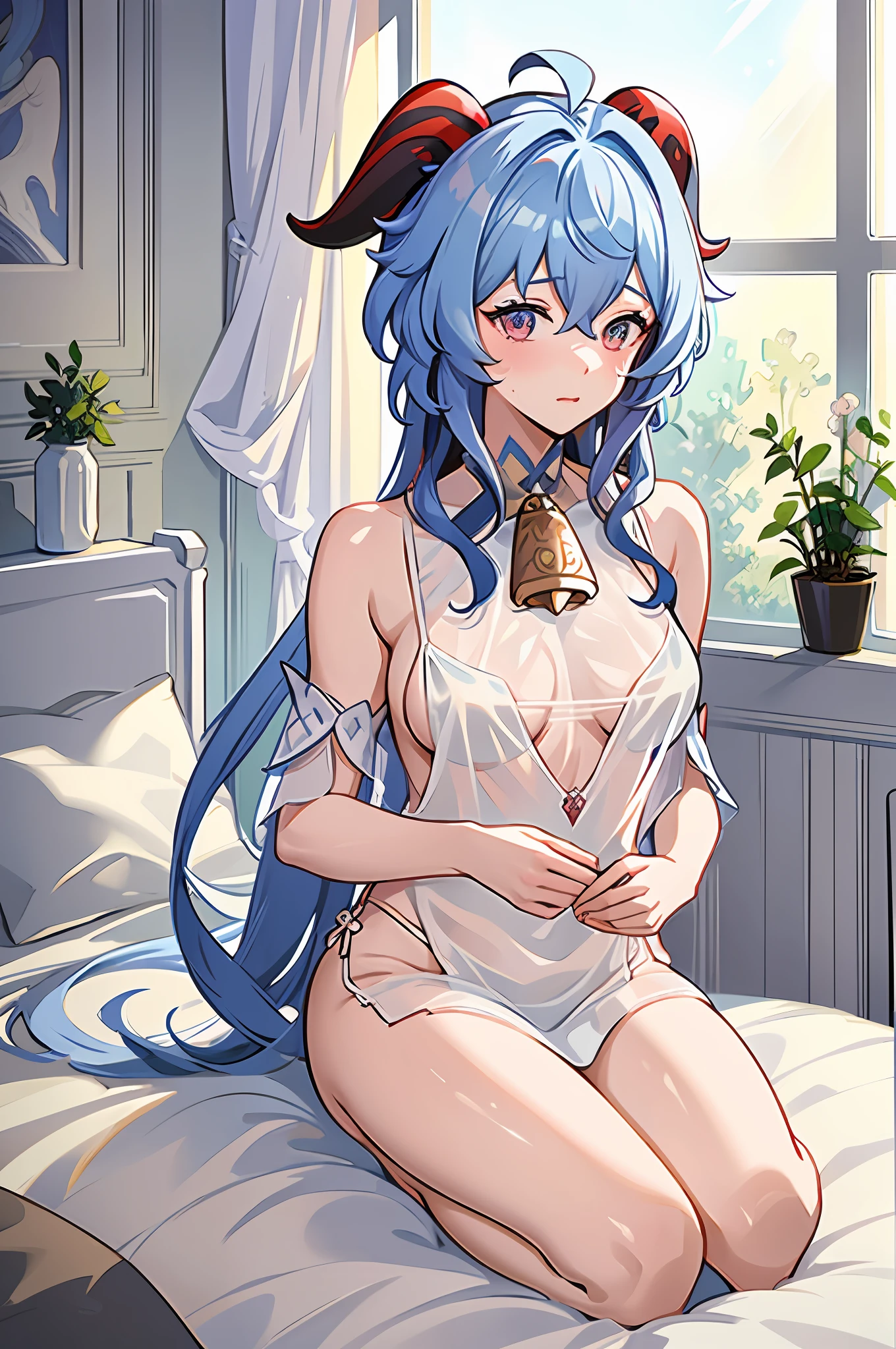 (ganyu:1.5),(extremely_beautiful_and_delicate:1.3),(ultra_detailed:1.3),(pastel:1.6),(high_resolution:1.6),(absurdres:1.3),(official_art:1.3),(illustration:1.6),(masterpiece:1.2),(best_quality:1.3),(dynamic_angle_and_pose:1.0),(blue_hair:1.5),(messy_hair:1.3),(short_hair_with_long_locks:1.3),(demon_horns:1.2),(ahoge:1.1),BREAK (genshin_impact:1.0),(extremely_beautiful_and_delicate:1.3),(bare_shoulders:1.0),(negligee:1.4),(sleeveless:1.2),(medium_breasts:1.3),(cute_girl:1.3),(bare_legs:1.0),(solo:1.2),(indoor:1.2),BREAK (extremely_beautiful_and_delicate:1.1),(ultra_detailed:1.3),(delicate:1.3),(realistic:1.0),(beautiful_face:1.3),(beautiful_hair:1.3),(close_up:1.0),sharp,(looking_at_viewer:1.1),(embarassed:1.2),,