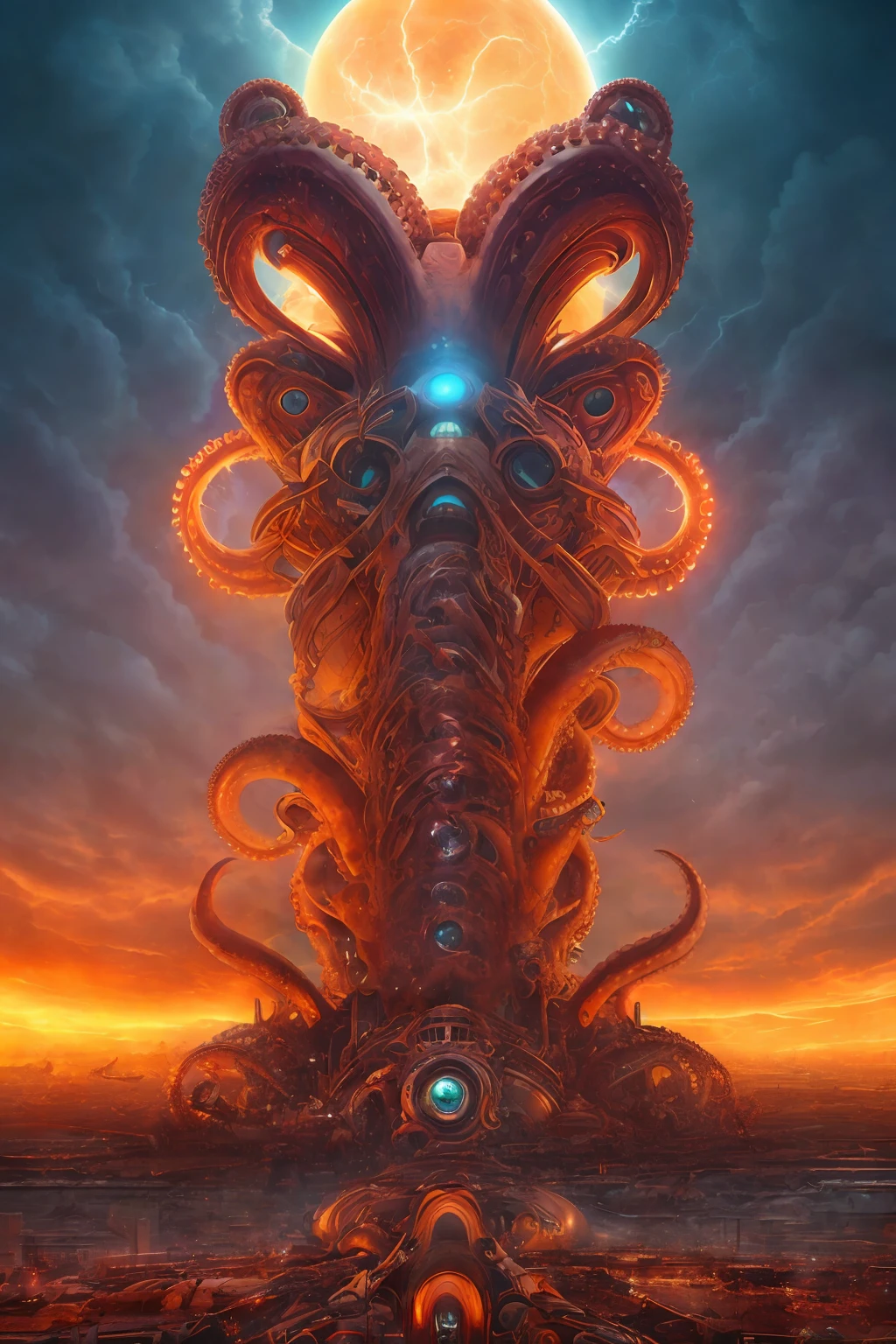 Biomechanical Octopus attack in the sky of futurist city, devastation, apocalypse, cosmic explosion in the sky, dramatic, horror art, uhd, digital art, illustration by Derek Riggs and Ed Repka