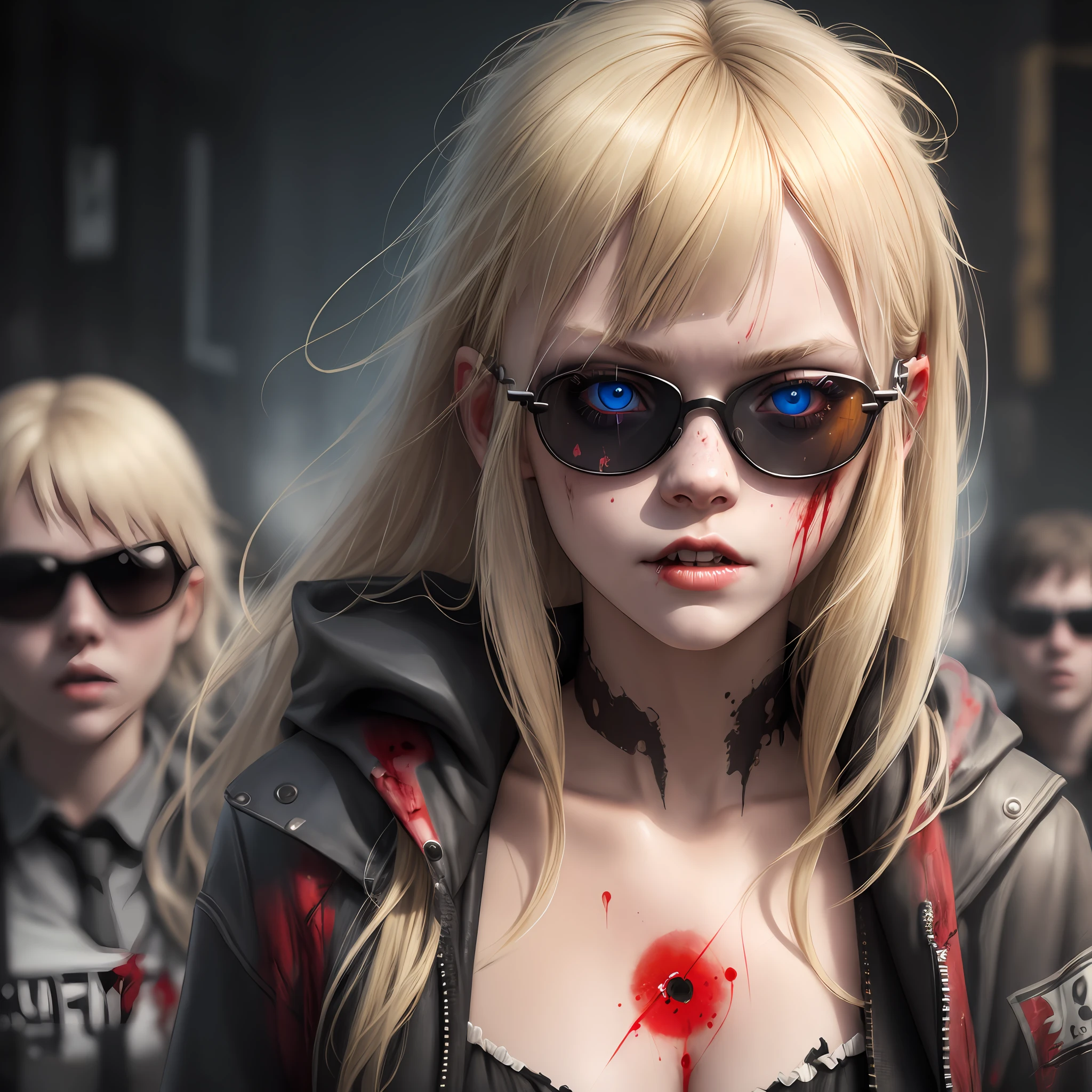 zombie girl, teenager, blonde hair, round sunglasses, face only, 3d face, face with injuries, blood on face, dirty face, masterpiece, ultra detailed, ultra realistic, highest quality photography, 4k resolution, best quality, super detail, best quality walpapper, colorful, best illustration, best lighting, dynamic pose, dynamic angle