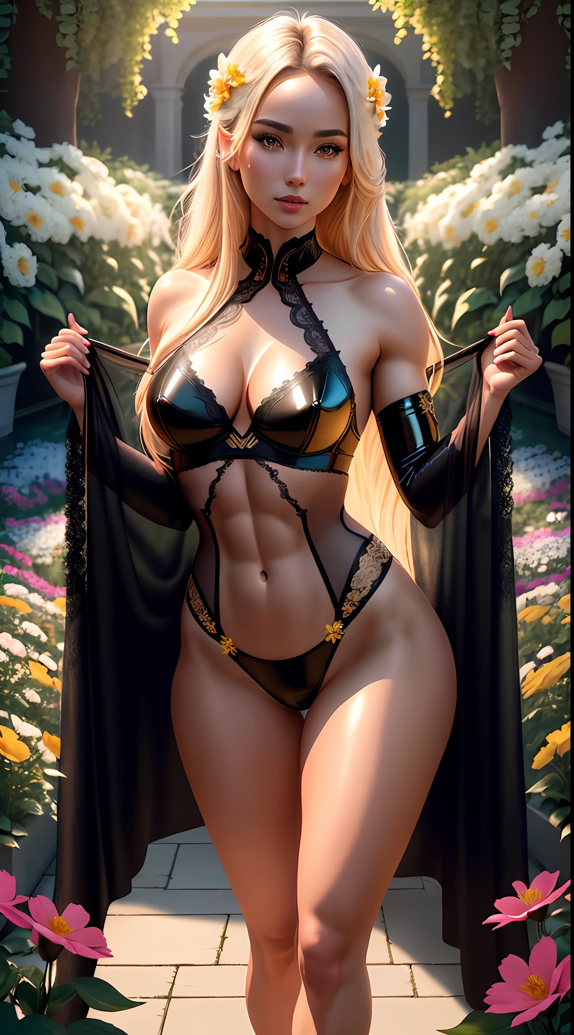 hyper-realistic super-detailed body of a slender woman 30 years old in full growth, dainty little body, small breasts, chest size e, show through,  European, (latex lace black sexy underwear fashion show)), (poses standing with legs apart (in the flower garden)), body in oil, cleavage, many details on clothes, photo session, long hair, [:(detailed face:1.2):0.2], real perfect female anatomy, beautiful abs, beautiful symmetrical face, beautiful natural make-up, anatomically correct hands, perfect facial anatomy, high-quality textures, Ultra Photorealistic, sharp focus, contrasting light, accurate rays, grainy skin, intricate detailing, professional color correction, digital art, High Detail, Depth of Field, HDR Realistic, Photorealistic, White Color Correction, Ultra Photorealistic, Super Detailed, Intricate Details, Full Color, Volumetric Lighting, High Contrast, Golden Hour Award Winning, Best Photo, fia Professional Photography, 4D Rendering, Octane Rendering, Popular on artstation, behance winner, erte 12k, super sharp focus, 64K, UHD, (ripped clothing:0.8), perfect face, looking at viewer, (detailed skin: 1), natural lighting, (direct light:0.2), 8mm film grain, photographed on a Sony a9 II, 24mm lens, F/1.8 aperture, deep focus, (RAW), 64k