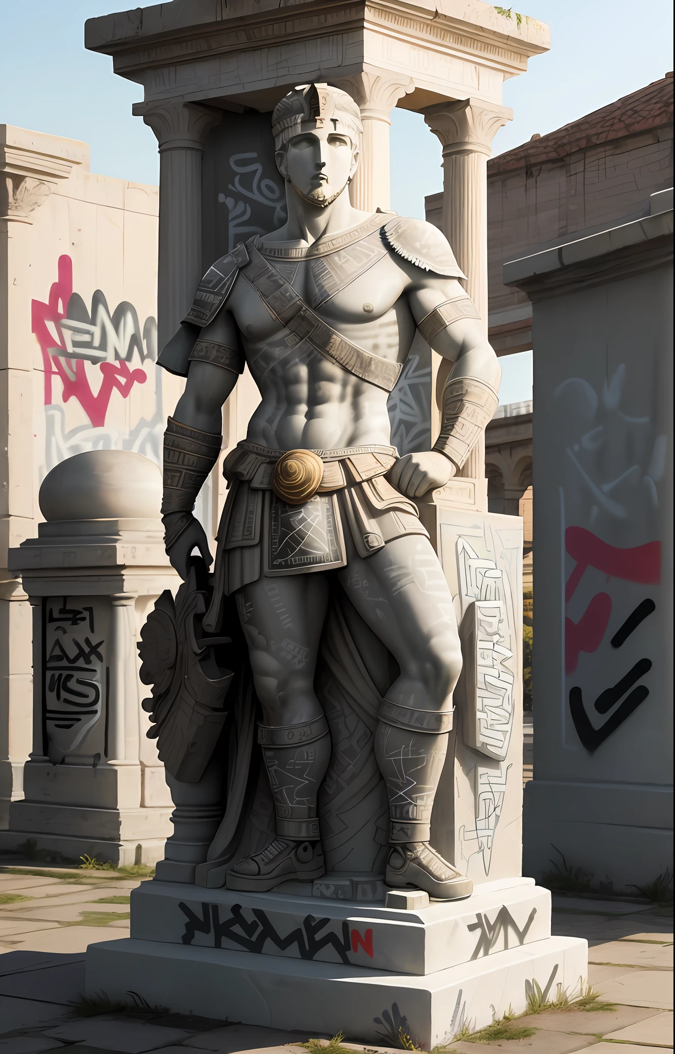 (1 statue of a Roman gladiator), in marble, on a pedestal, centered, with a lot (((Graffiti art)))), small cans of spray paint scattered on the floor, beautiful garden in the background, golden hour, ultra-realistic,