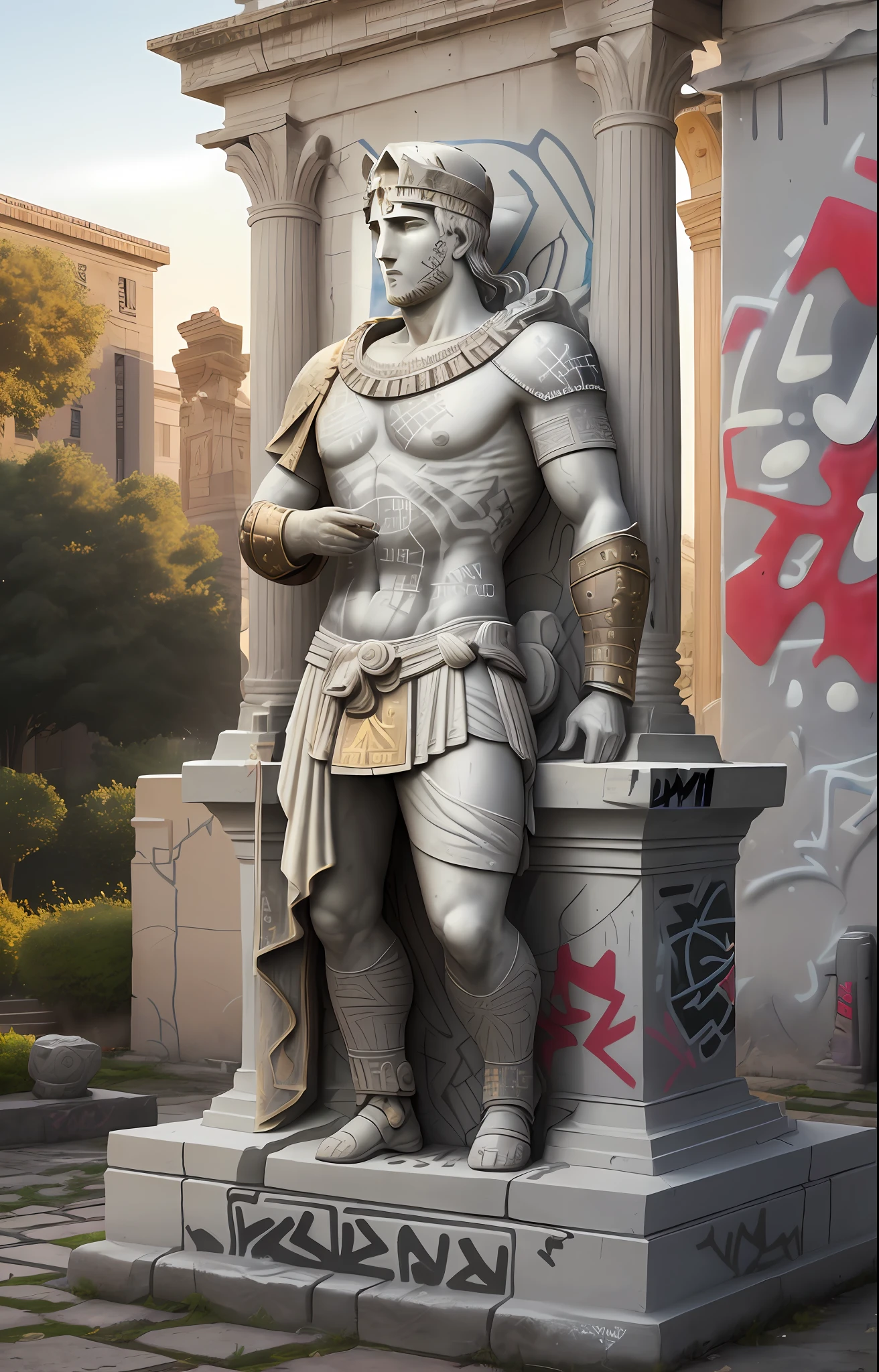 (1 statue of a Roman gladiator), in marble, on a pedestal, centered, with a lot (((Graffiti art)))), small cans of spray paint scattered on the floor, beautiful garden in the background, golden hour, ultra-realistic,