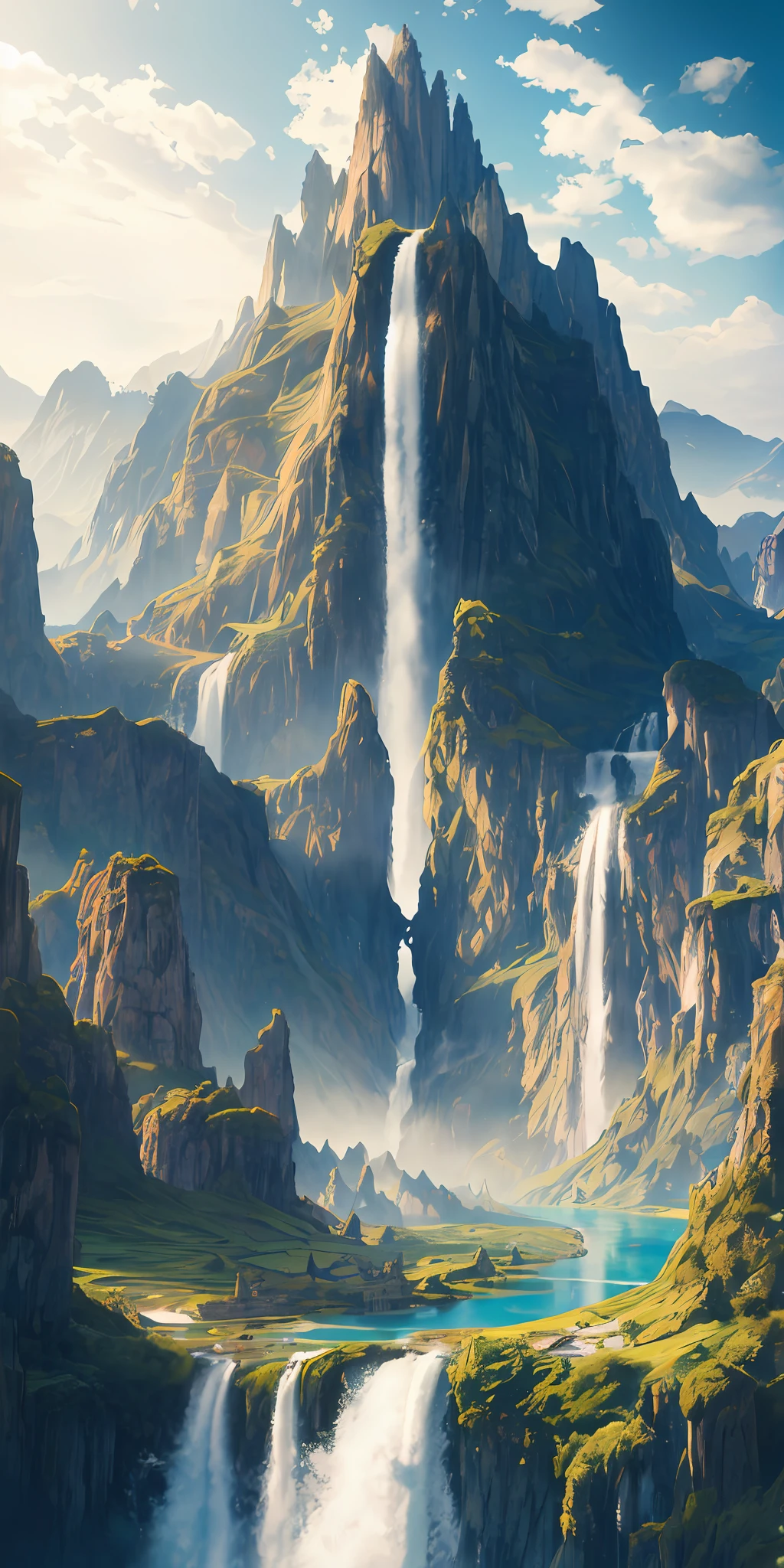 masterpiece, best quality, high quality, extremely detailed CG unity 8k wallpaper, scenery, outdoors, sky, cloud, day, no humans, mountain, landscape, water, tree, blue sky, waterfall, cliff, nature, lake, river, cloudy sky,award winning photography, Bokeh, Depth of Field, HDR, bloom, Chromatic Aberration ,Photorealistic,extremely detailed, trending on artstation, trending on CGsociety, Intricate, High Detail, dramatic, art by midjourney