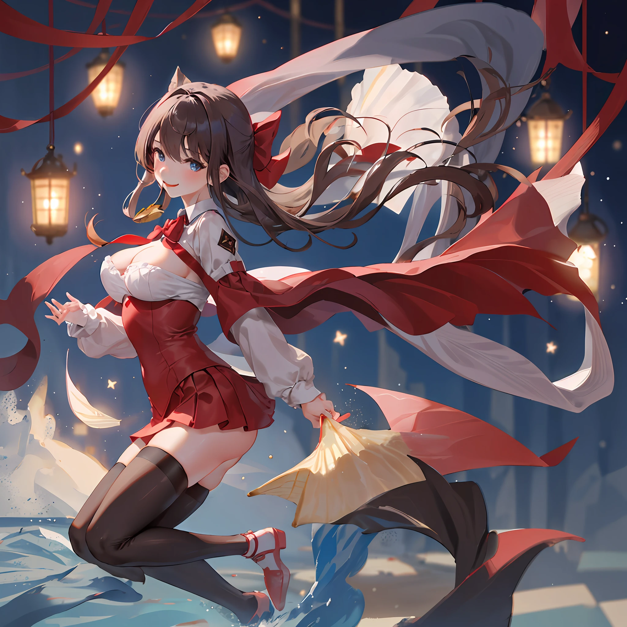 (Extremely delicate beauty: 1.2), 1girl, fashi-girl, bangs, blue eyes, blurry, blurred background, bow, brown hair, shut up, from side, hair between eyes, bow, lantern, light particles, long sleeves, looking at the audience, medium hair, night, red bow, solo, stars \ (symbol \), full body, smile, red lips, miniskirt, black stockings, by the sea, very large breasts, shyness, eating bananas