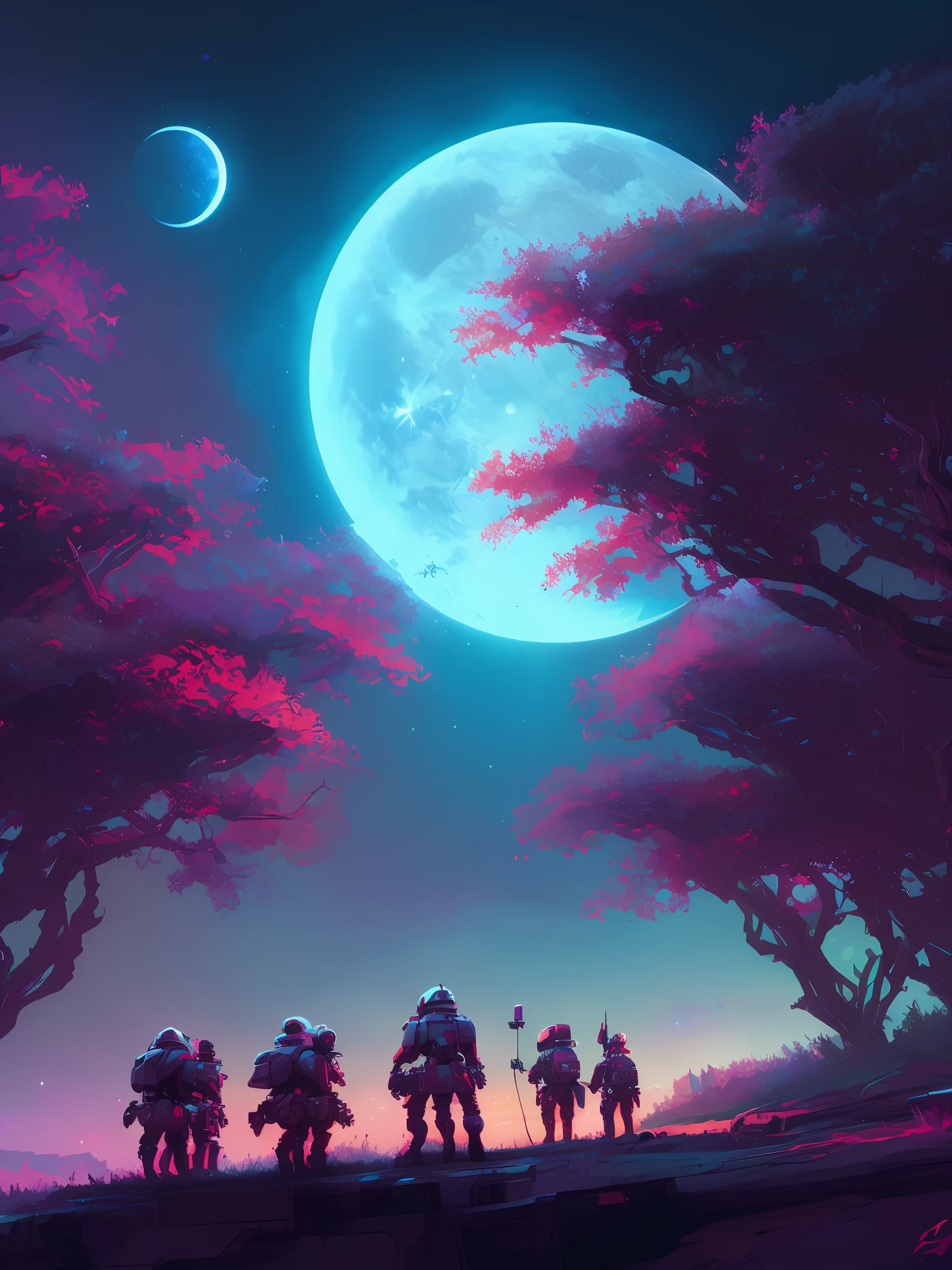 (Very detailed CG unity 8k wallpaper), panoramic photos of the most beautiful artworks on the surface of the alien planet, purple sky, red meadow, red trees, stars in the background, nebula, moon, professional majestic oil painting by Ed Blinkey, Atey Ghailan, Studio Ghibli, by Jeremy Mann, Greg Manchess, Antonio Moro, Trends on ArtStation, CGSociety On trends, intricacies, high detail, clear focus, dramatic, realistic painting art, by Midjourney and Greg Rukowski