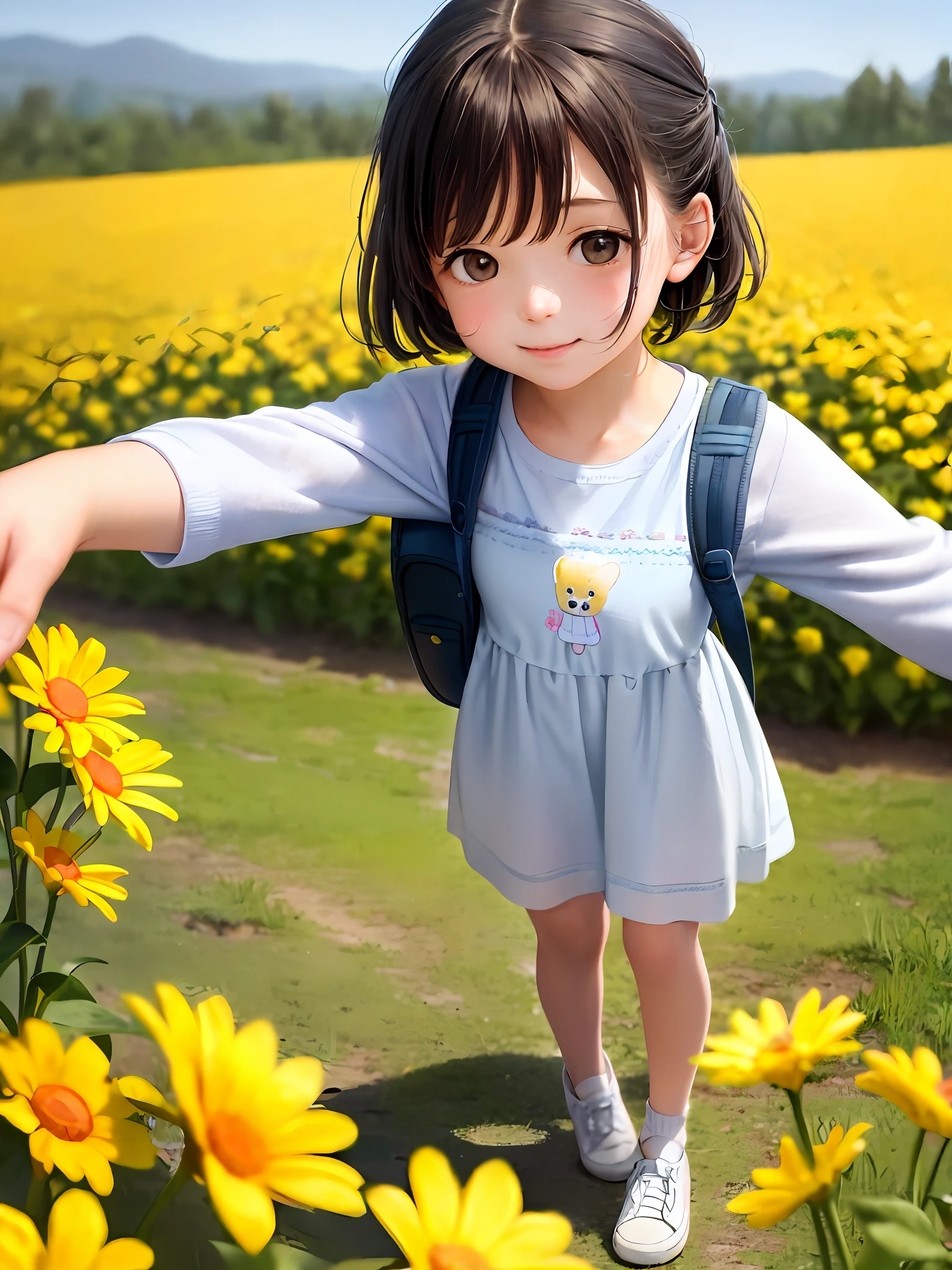 Prompt: An incredibly charming little girl carrying a backpack, accompanied by her adorable puppy, enjoying a lovely spring outing surrounded by beautiful yellow flowers and natural scenery. The illustration is in high definition at 4k resolution, with highly-detailed facial features and cartoon-style visuals.