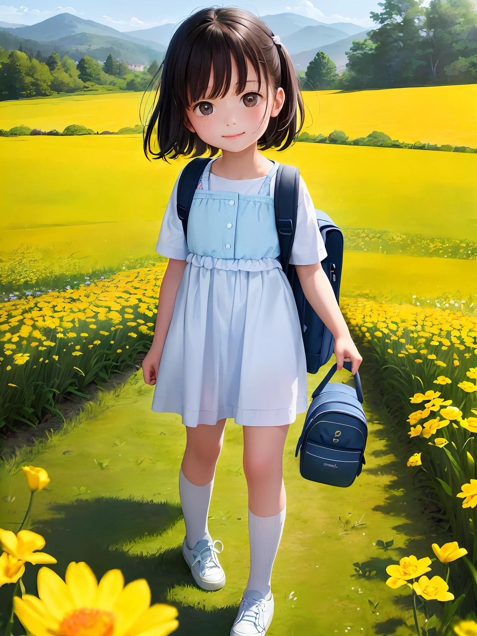 Prompt: An incredibly charming little girl carrying a backpack, accompanied by her adorable puppy, enjoying a lovely spring outing surrounded by beautiful yellow flowers and natural scenery. The illustration is in high definition at 4k resolution, with highly-detailed facial features and cartoon-style visuals.