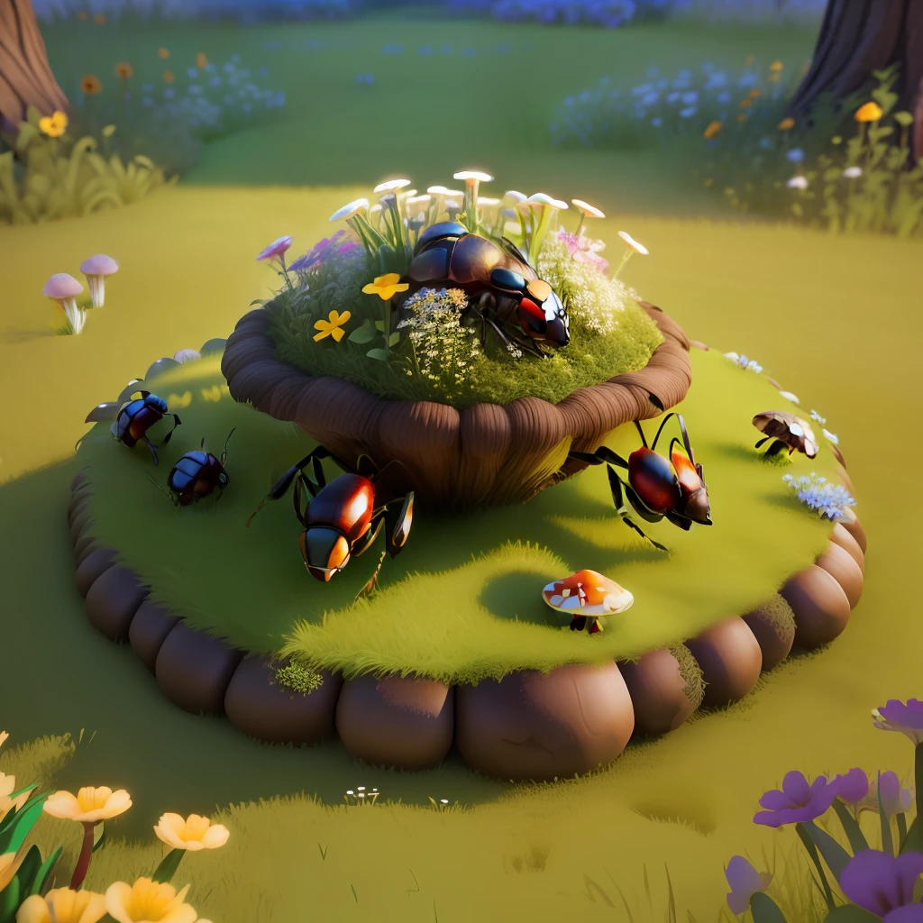 Garden ant nest. It consists of grass, mushrooms and flowers, Fantasy, 3d, beautiful
