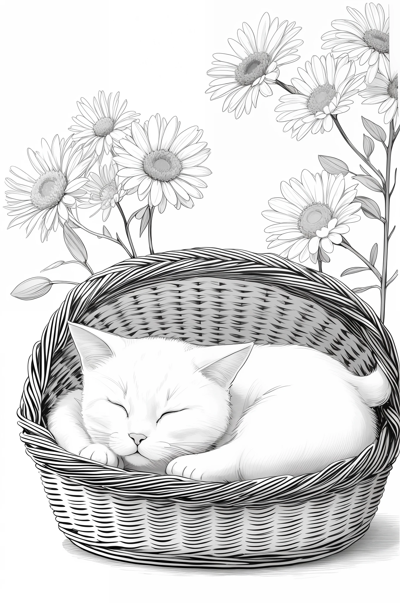 A cute little cat sleeping in a basket, masterpiece, best quality, lineart, monochrome, white background, black and white, coloring book for children, on paper, full page, free lines, art line high detailed, to print, perfect anatomy, ((white background)), flowers.