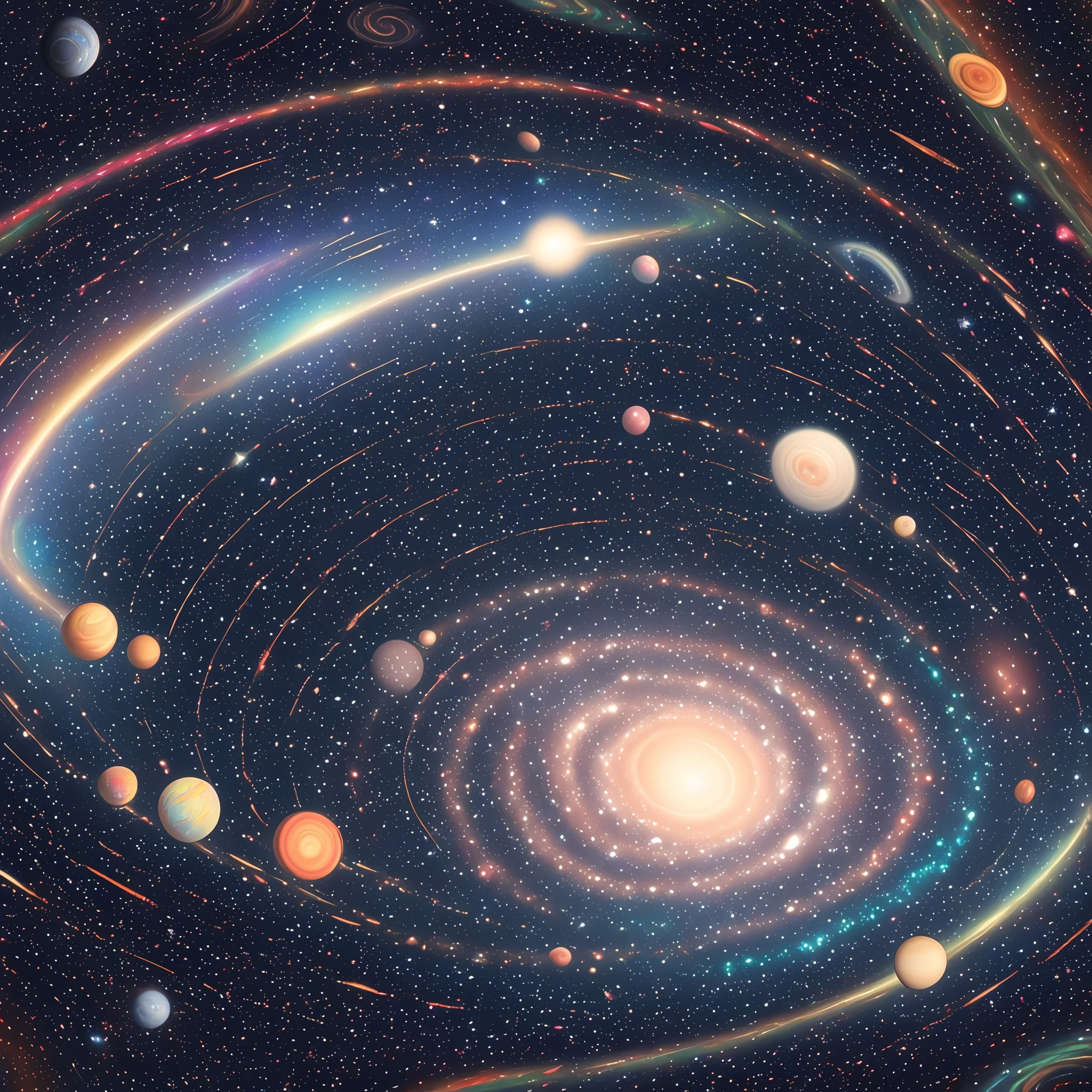 Seamless patterns of galaxies and planets, cosmic design, repeating patterns design, fabric art, flat illustration, rainbow-core, highly detailed clean, photorealistic masterpiece, professional photography, simple field background, isometric, saturn