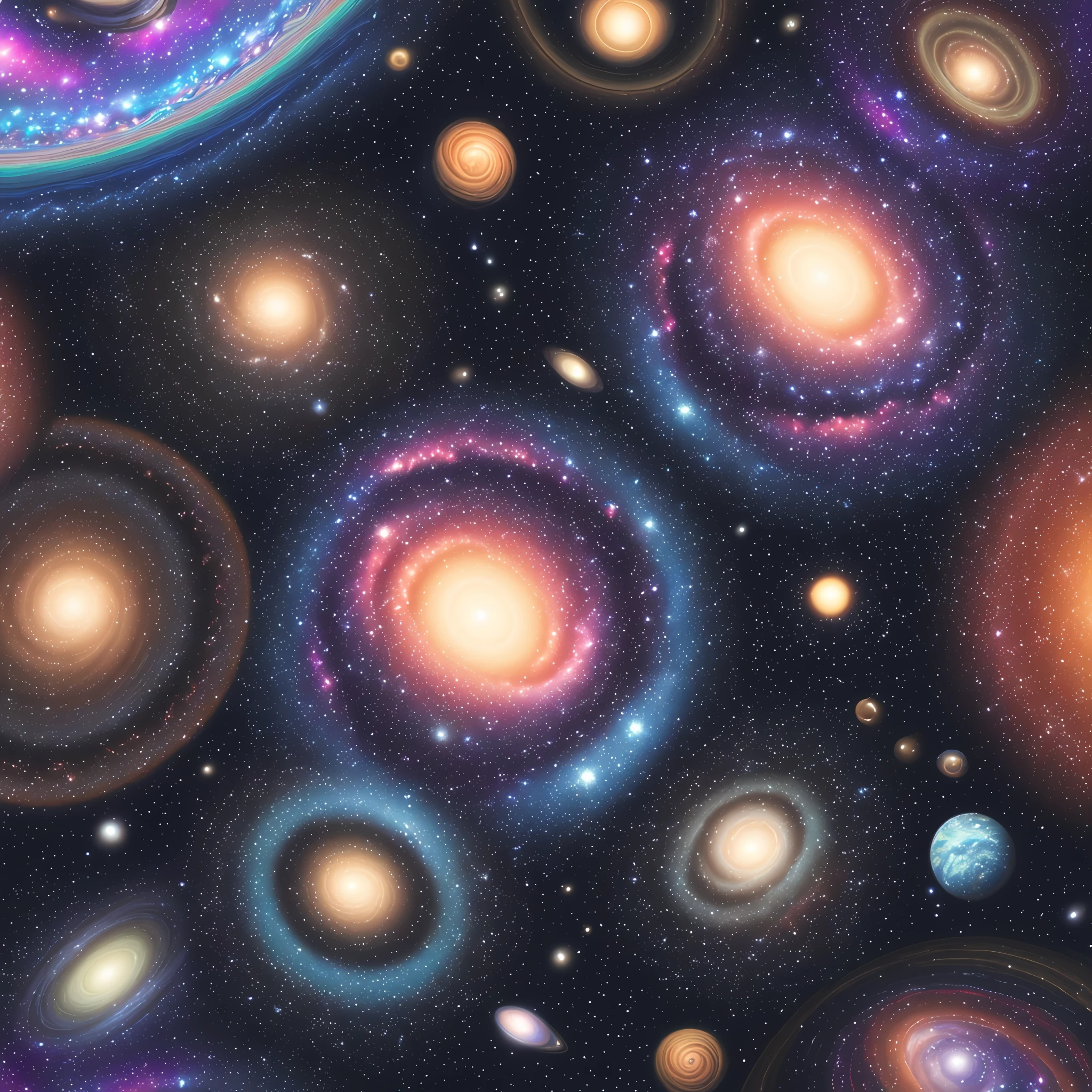 Seamless patterns of galaxies and planets, cosmic design, repeating patterns design, fabric art, flat illustration, rainbow-core, highly detailed clean, photorealistic masterpiece, professional photography, simple field background, isometric, saturn