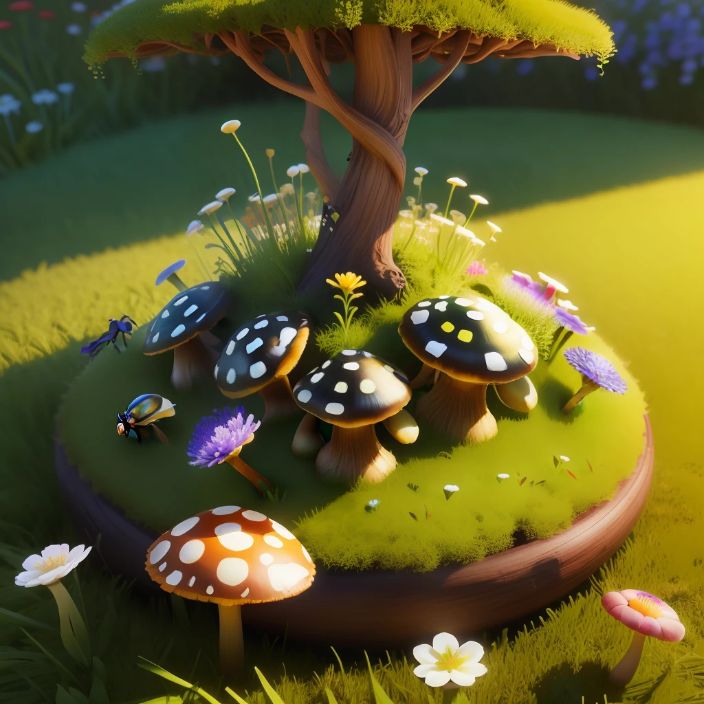Garden ant nest. It consists of grass, mushrooms and flowers, Fantasy, 3d, beautiful
