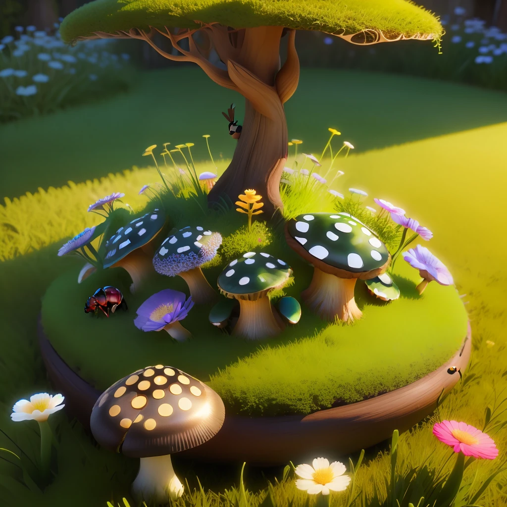 Garden ant nest. It consists of grass, mushrooms and flowers, Fantasy, 3d, beautiful