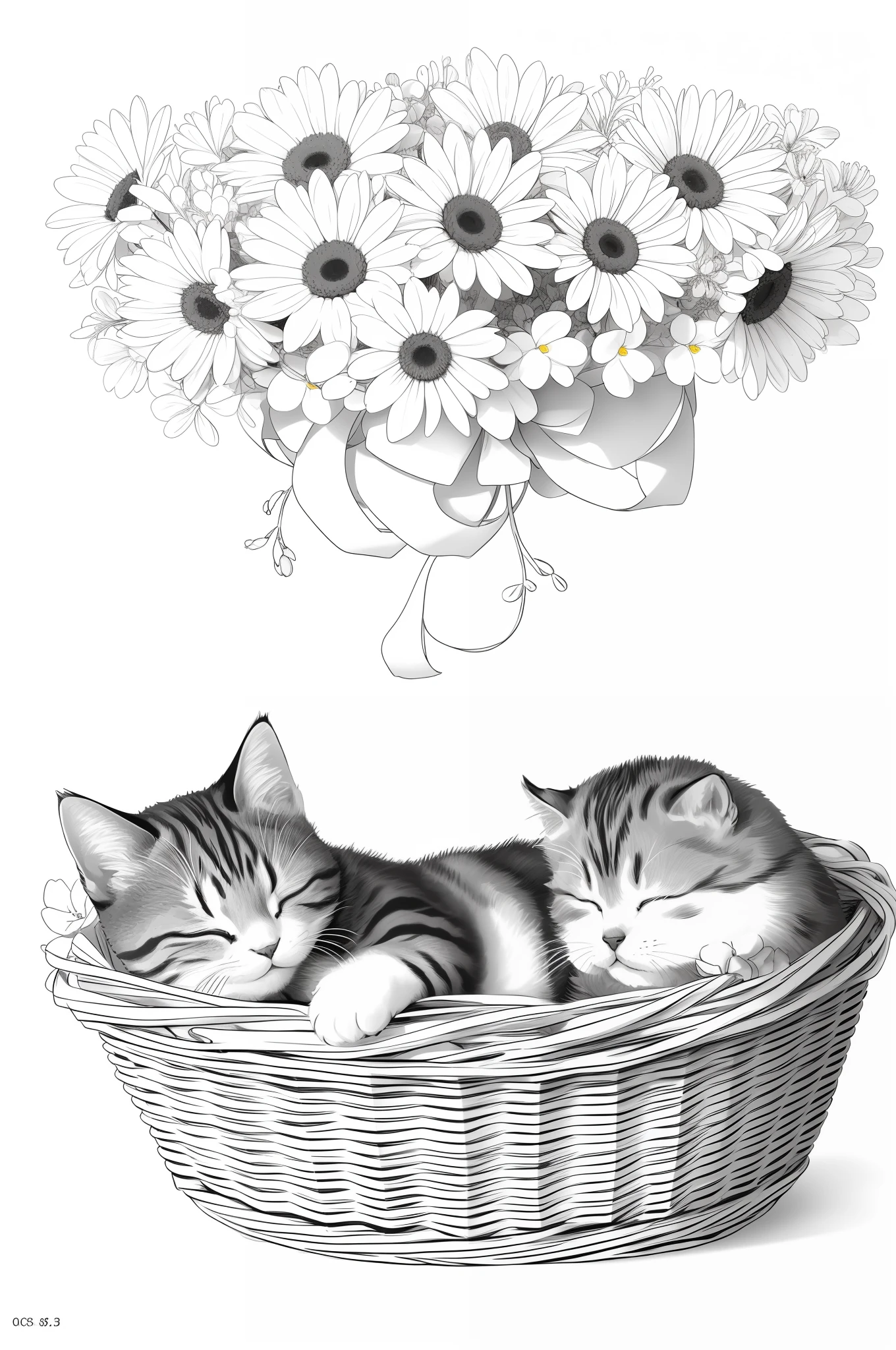 A cute little cat sleeping in a basket, masterpiece, best quality, lineart, monochrome, white background, black and white, coloring book for children, on paper, full page, free lines, art line high detailed, to print, perfect anatomy, ((white background)), flowers.