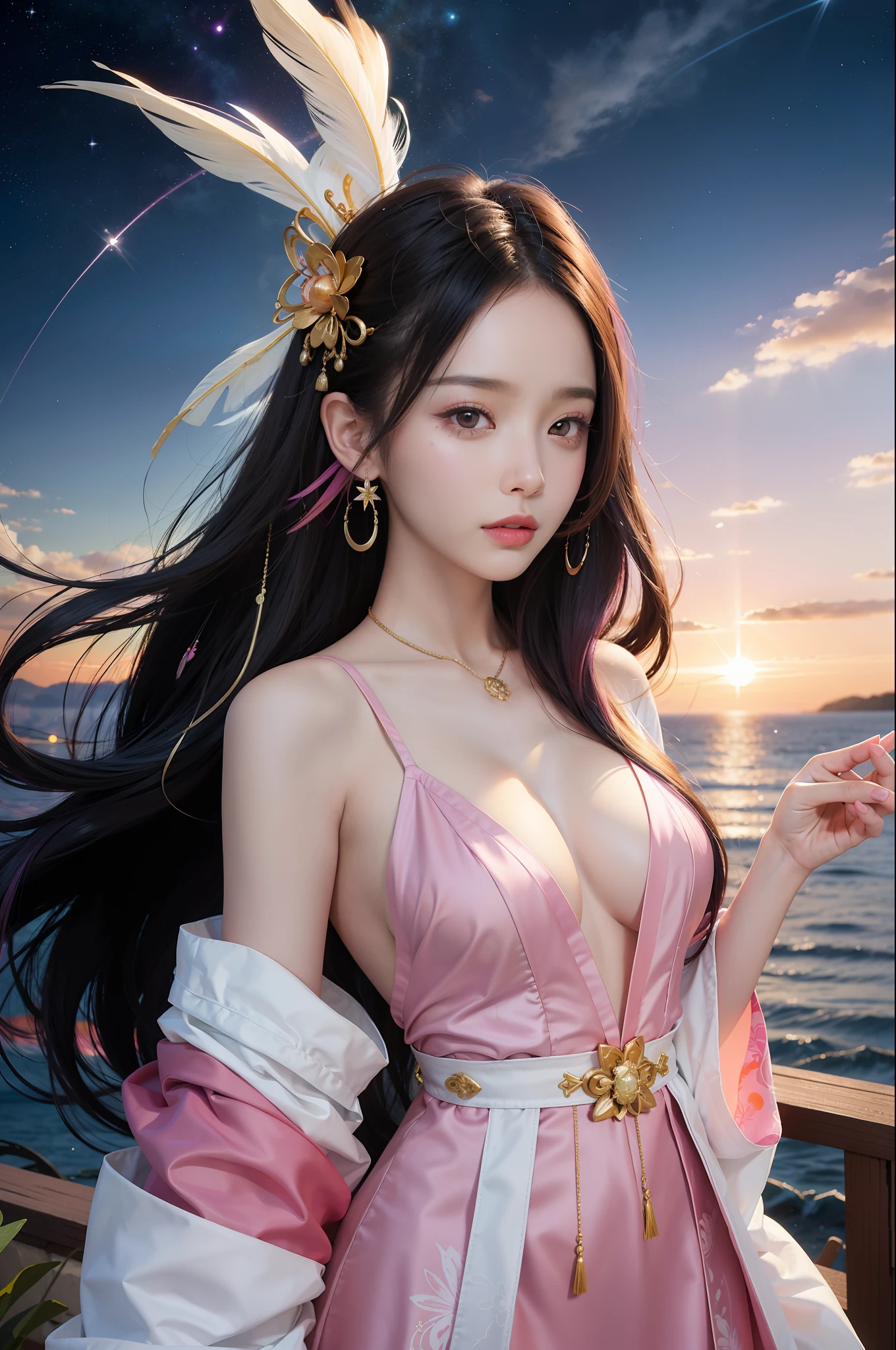 (Masterpiece, Top Quality, Best Quality, Extreme Detail, Supreme Detail, Official Art, Beauty and Aesthetics: 1.2), Colorful, Denim Shot, Upper Body Shot, Beautiful Face, Solo, Perfect Body, On Sky Clouds, Flying in the Sky, Portrait of a Girl, Silver Gradient Hair, (Black Hair| Pink hair: 1.2), fairy, flowing streamers, sexy, sun rays, clouds, full body, hanfu, chinese clothes, water, fireflies, night, starry sky, jewelry, feathers on dresses, peacock feathers, light particles, volumetric lighting, ray tracing (flowing streamers: 1.1), (fantasy novels: 1.2), illuminators, stars, fantasy, high contrast, ink strokes, overexposure, purple and red tone impressions, abstract, (watercolor paintings by John Berkey and Jeremiman)) brush strokes,